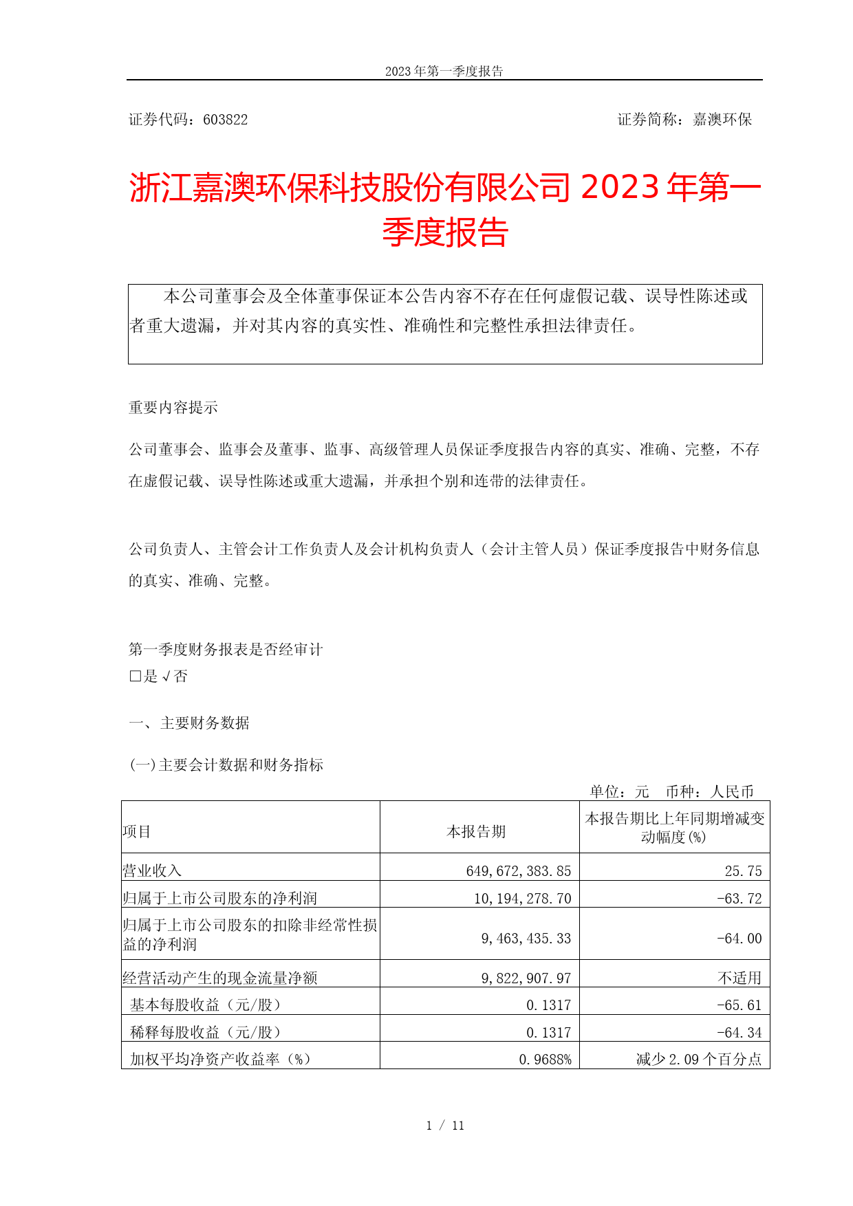 嘉澳环保：2023年第一季度报告_第1页