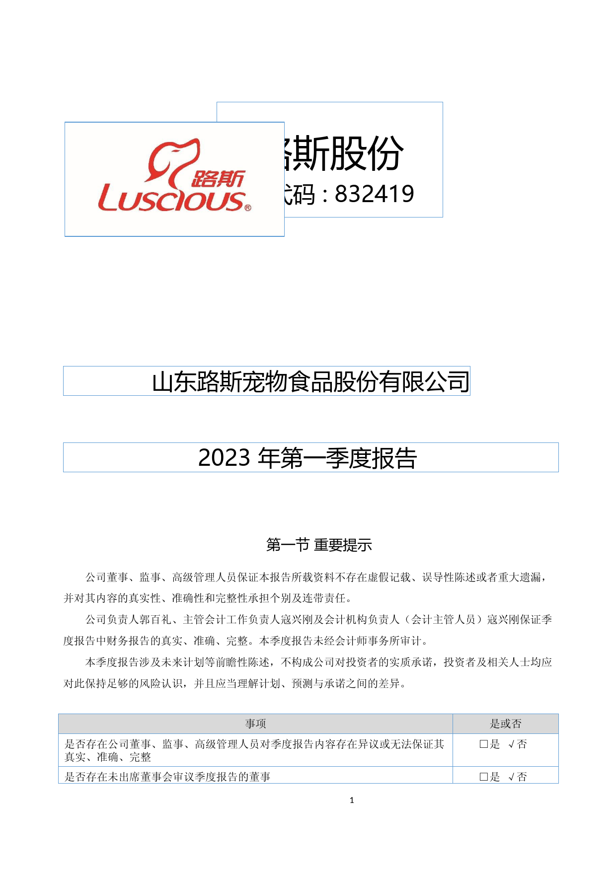 路斯股份：2023年一季度报告