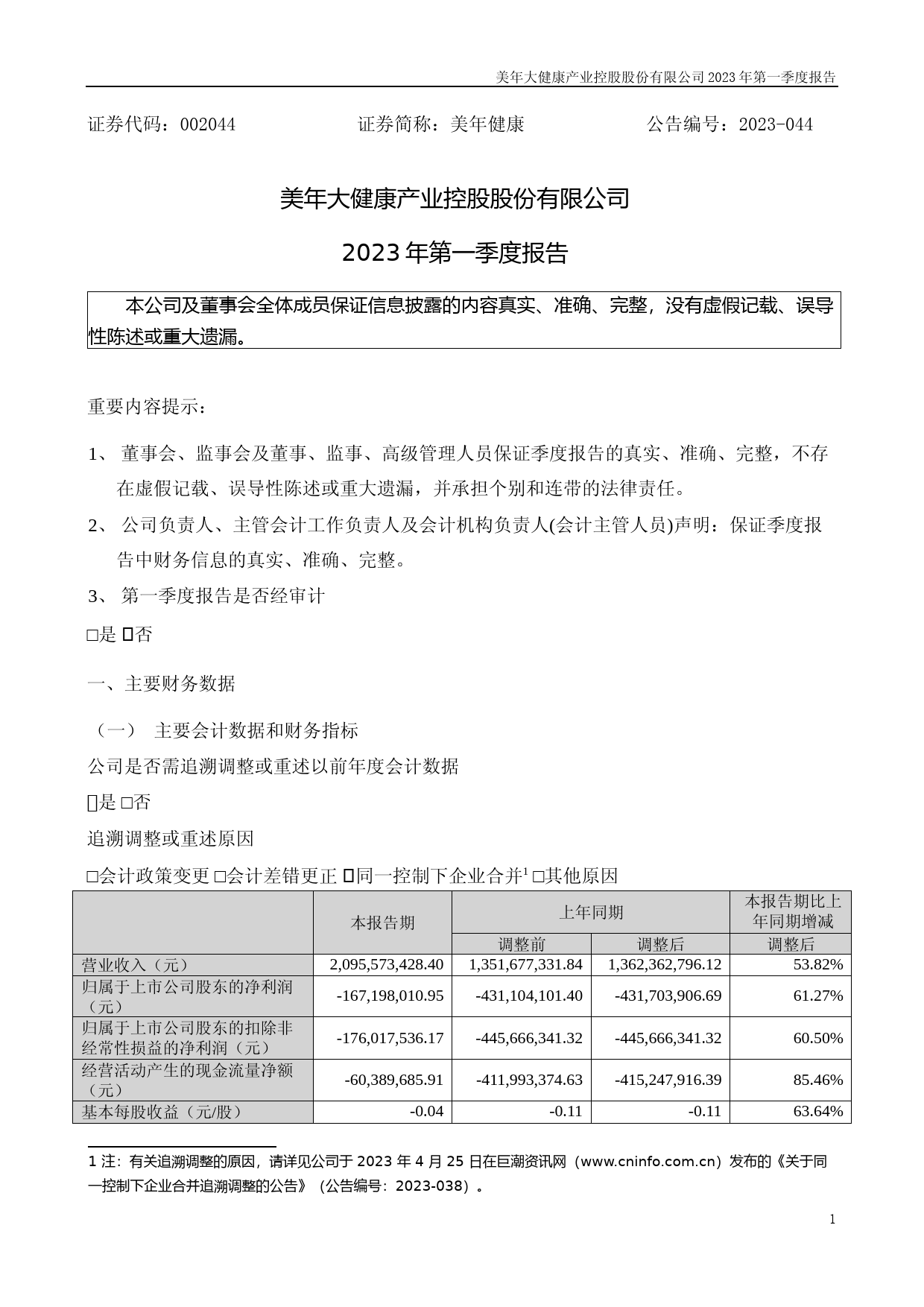美年健康：2023年一季度报告