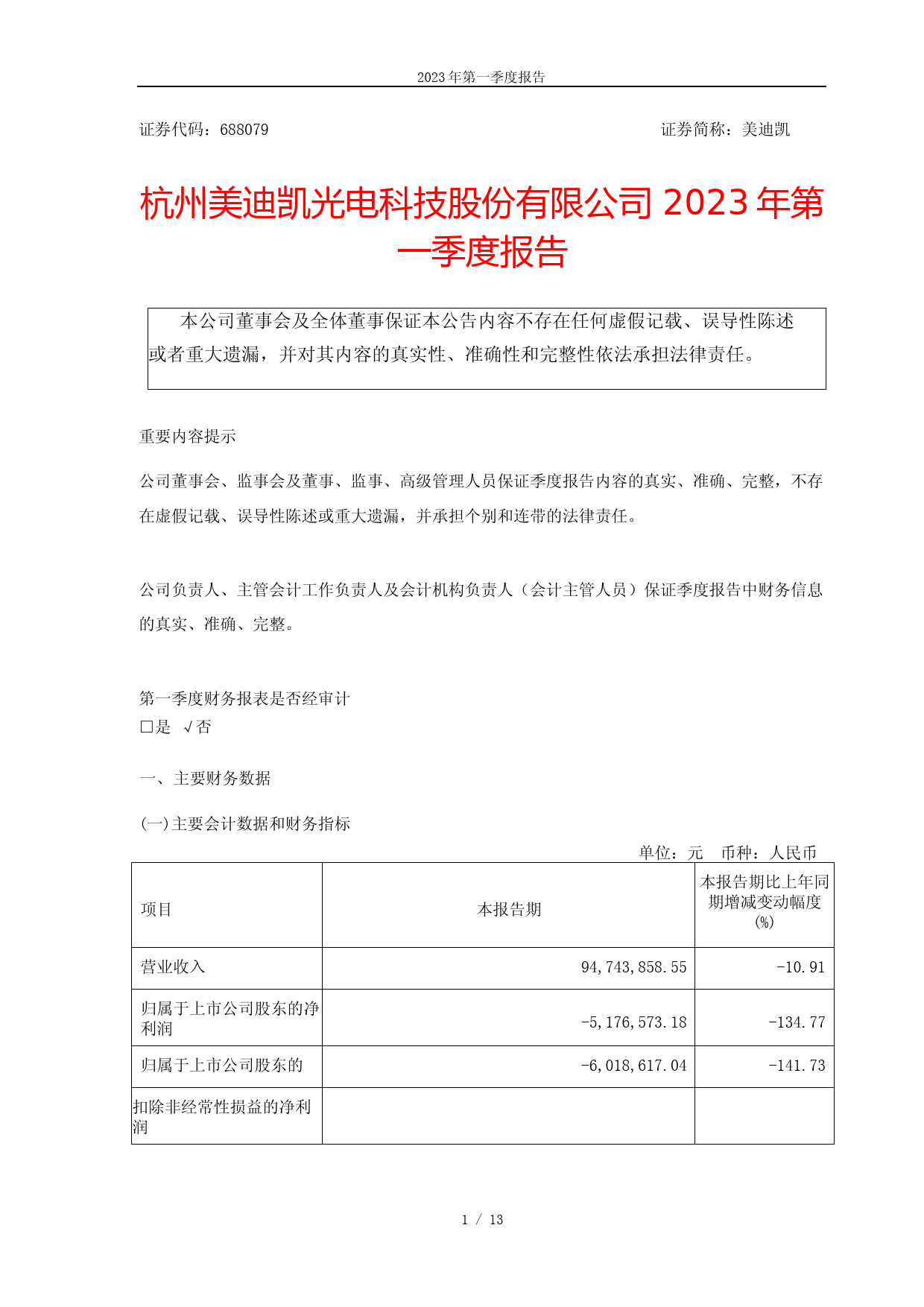 美迪凯：杭州美迪凯光电科技股份有限公司2023年第一季度报告