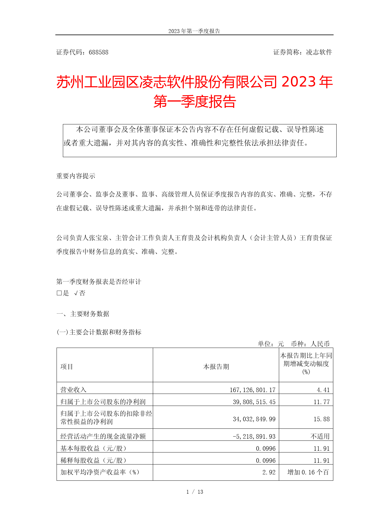 凌志软件：凌志软件2023年第一季度报告