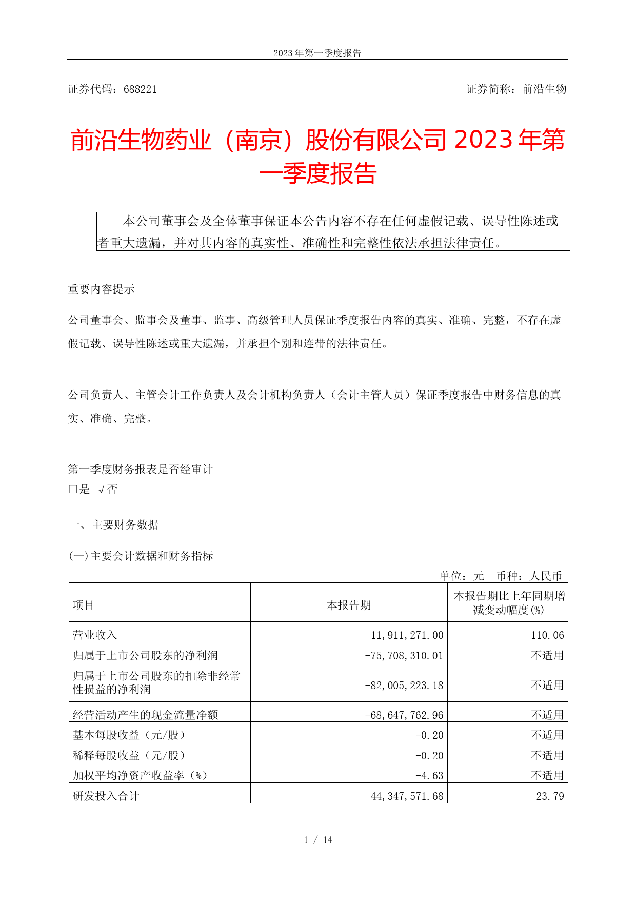 前沿生物：前沿生物2023年第一季度报告_第1页