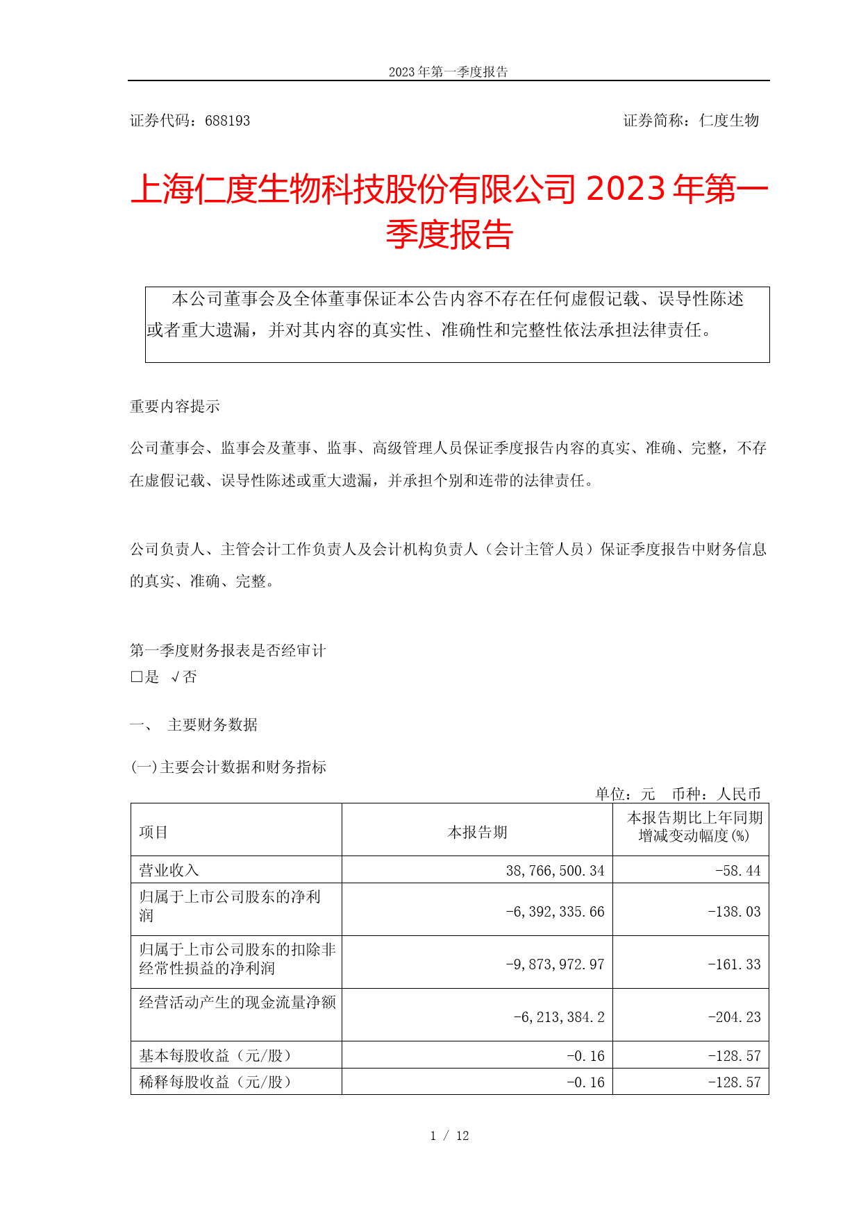 仁度生物：2023年第一季度报告_第1页