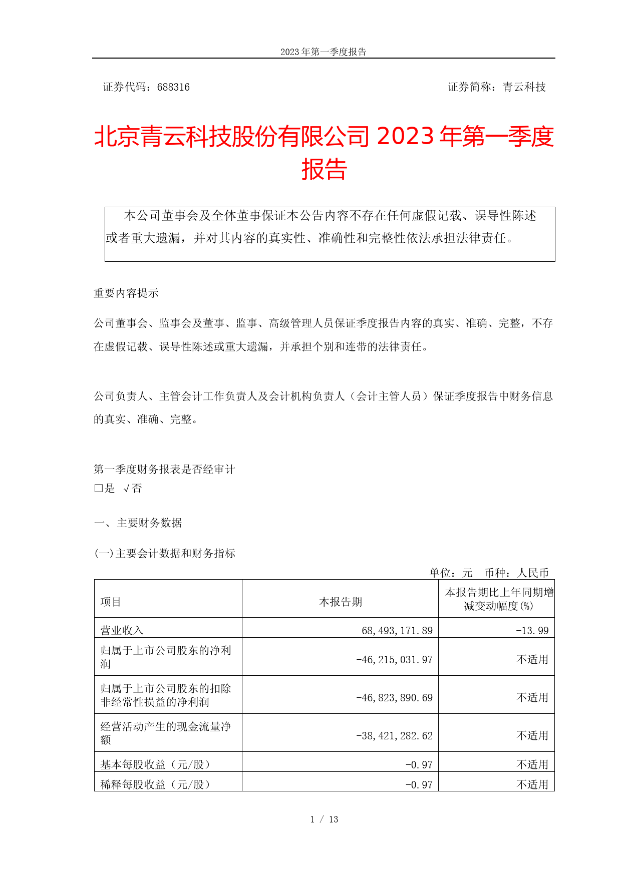 青云科技：2023年第一季度报告