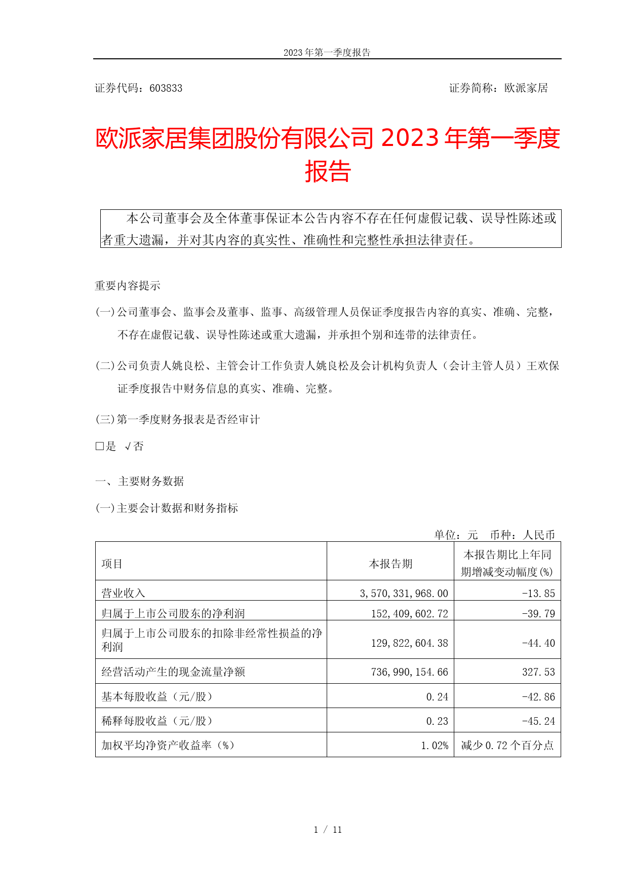欧派家居：2023年第一季度报告