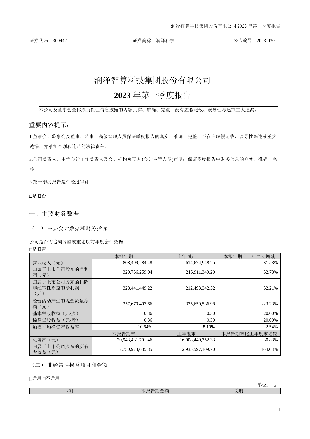 润泽科技：2023年一季度报告_第1页