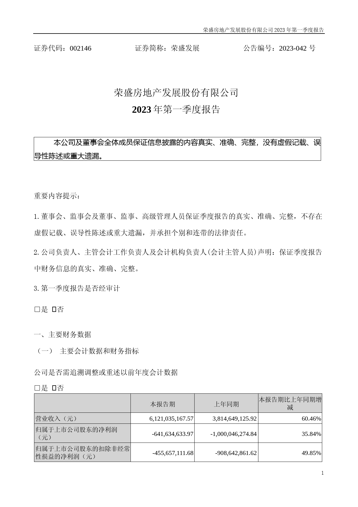 荣盛发展：2023年一季度报告_第1页