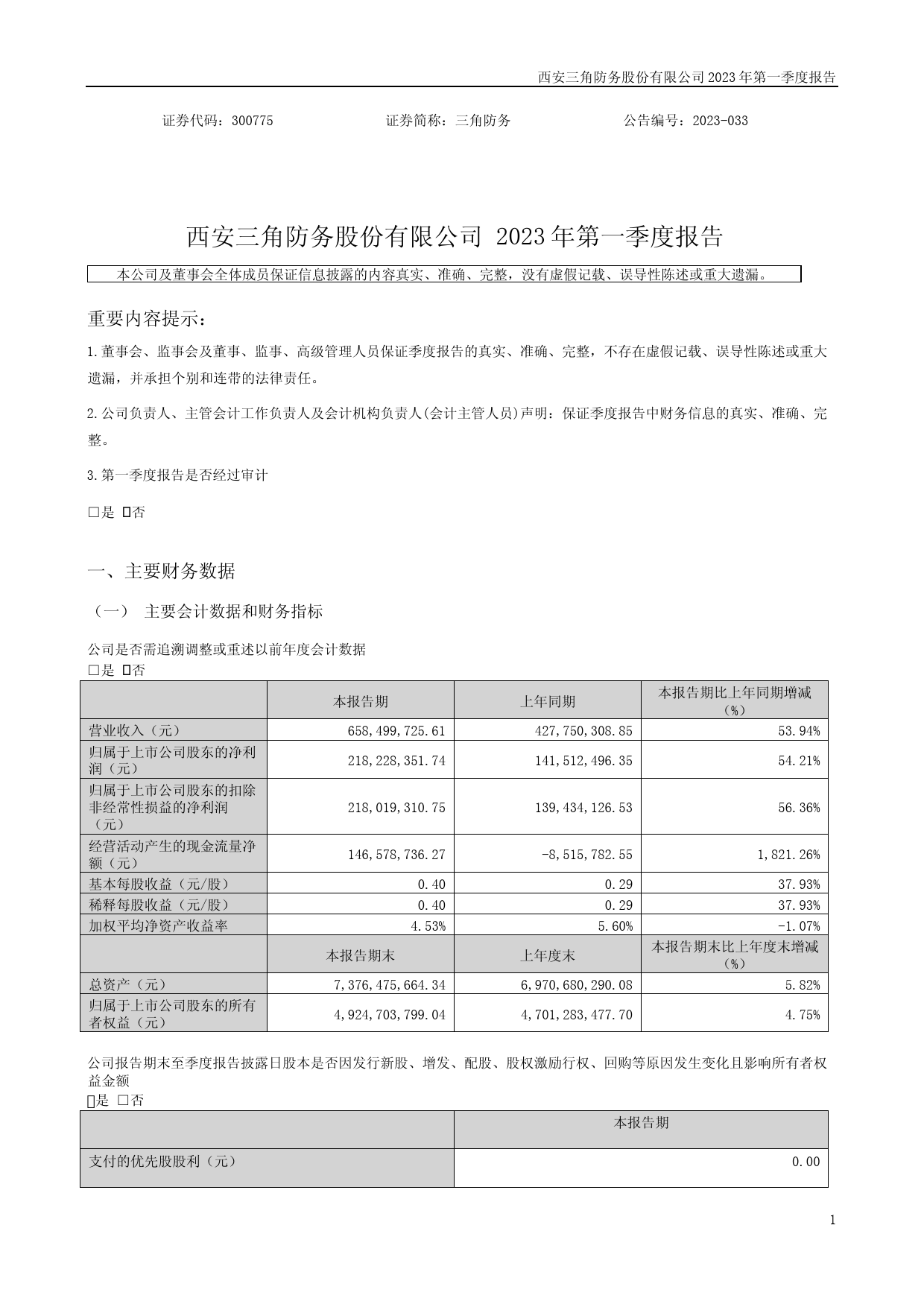 三角防务：2023年一季度报告