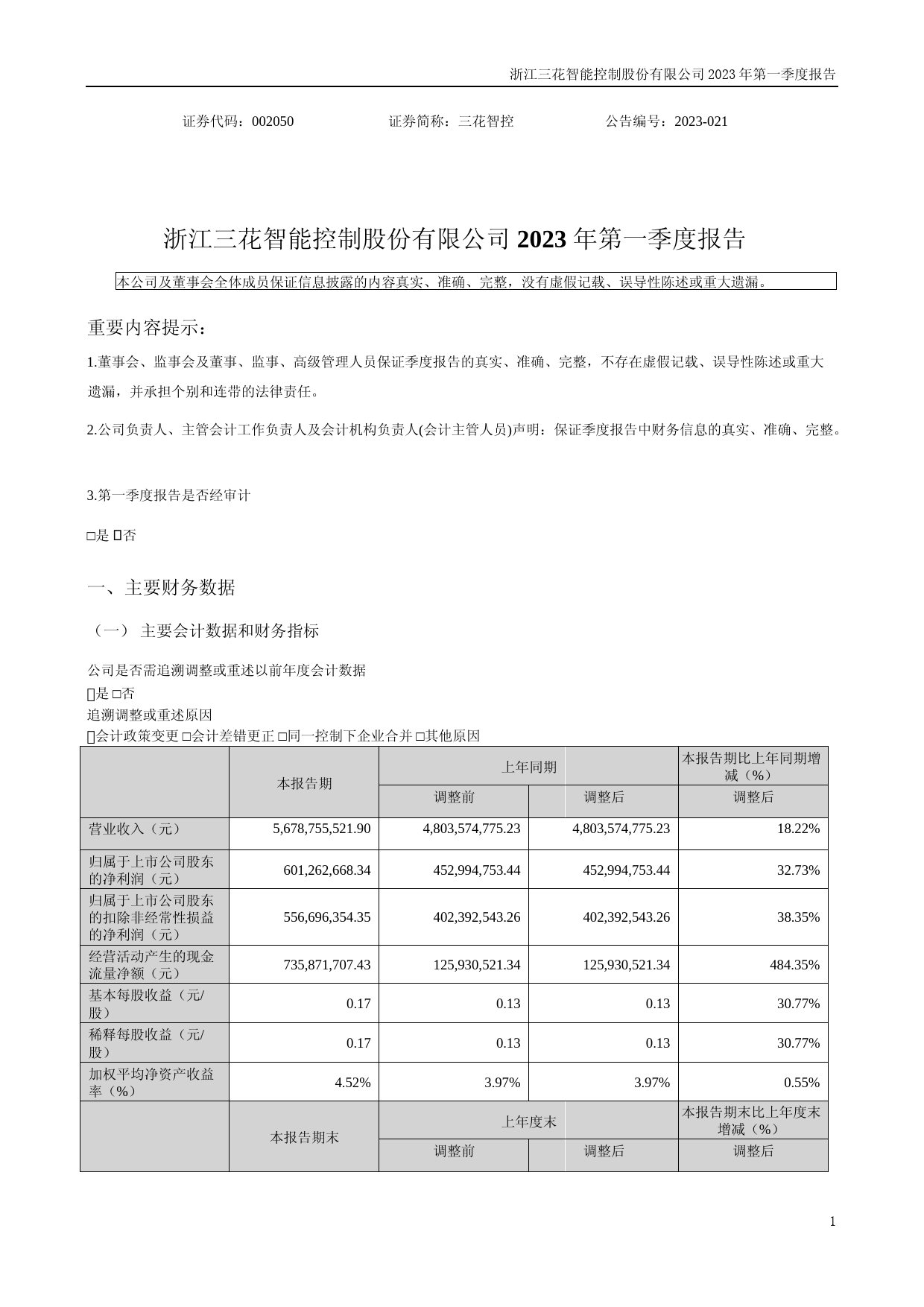 三花智控：2023年一季度报告