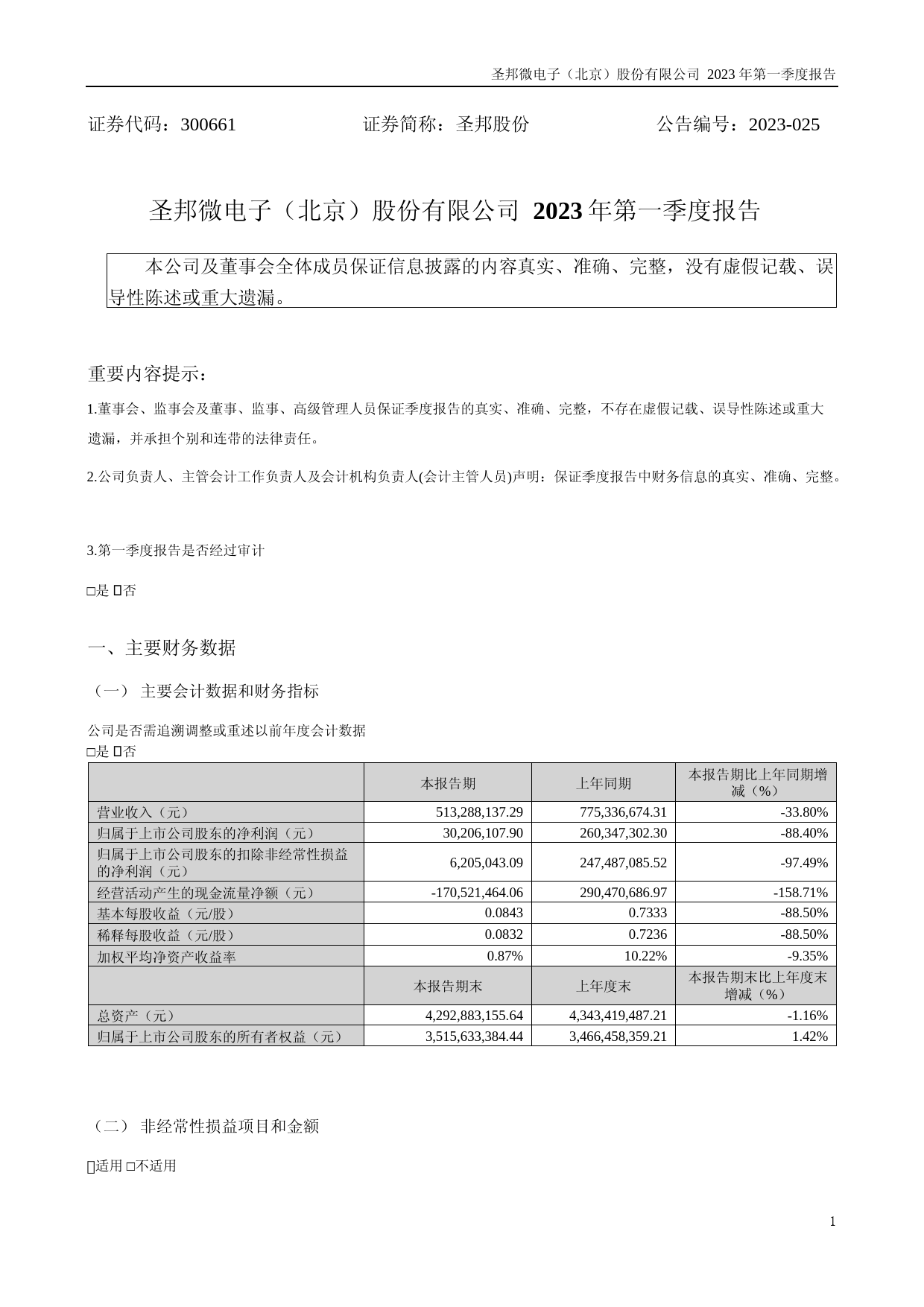 圣邦股份：2023年一季度报告_第1页