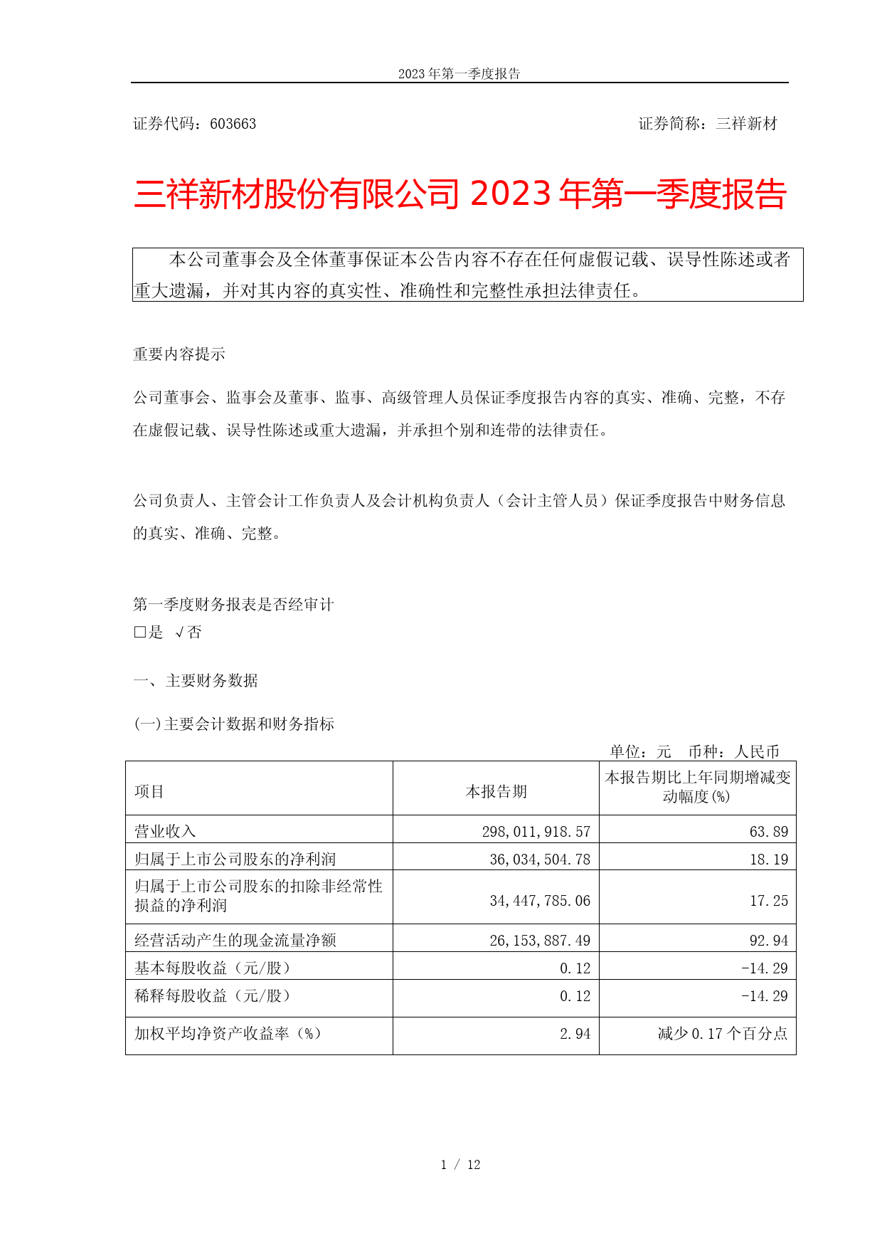 三祥新材：三祥新材股份有限公司2023年第一季度报告_第1页