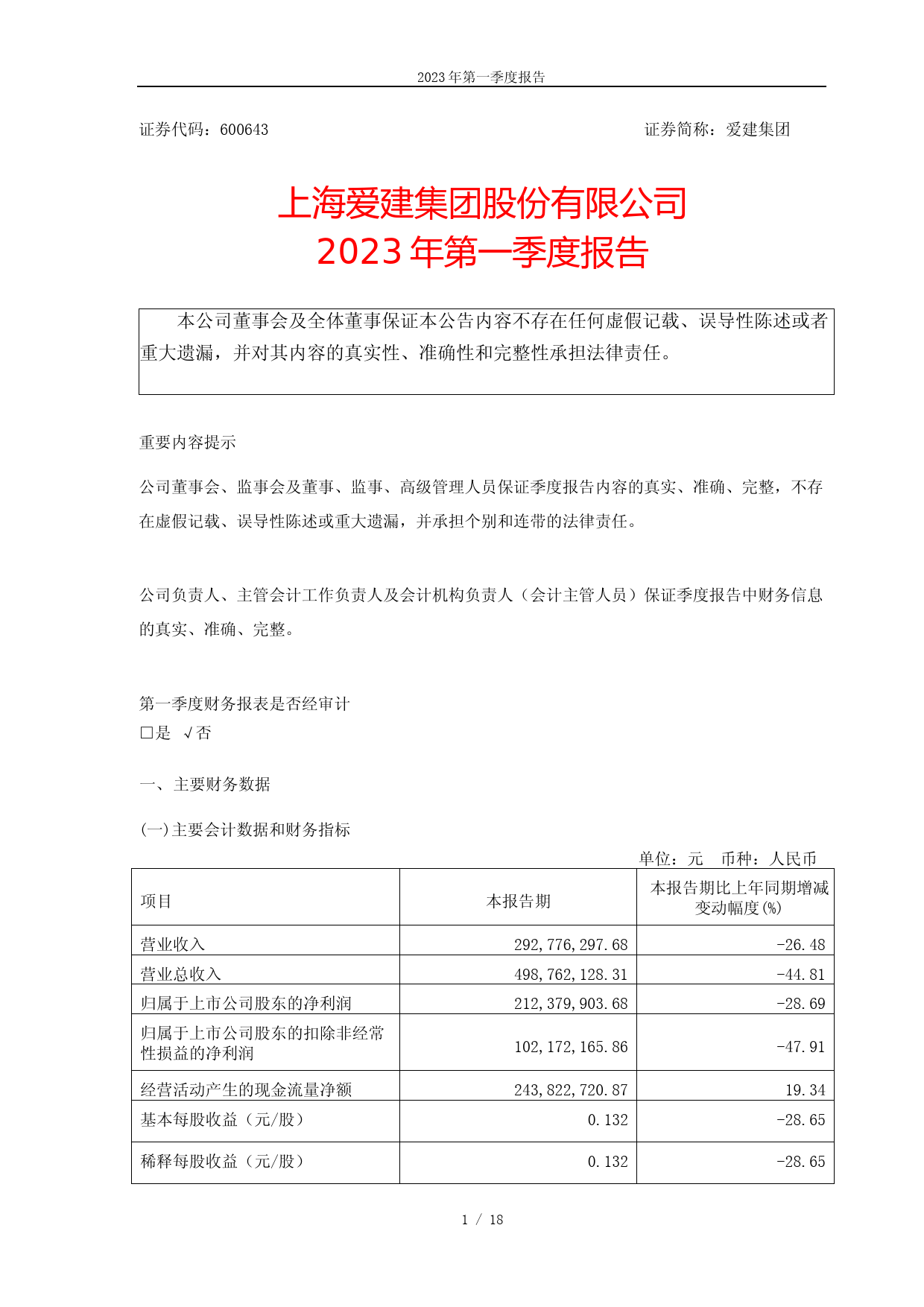 爱建集团：爱建集团2023年一季度报告