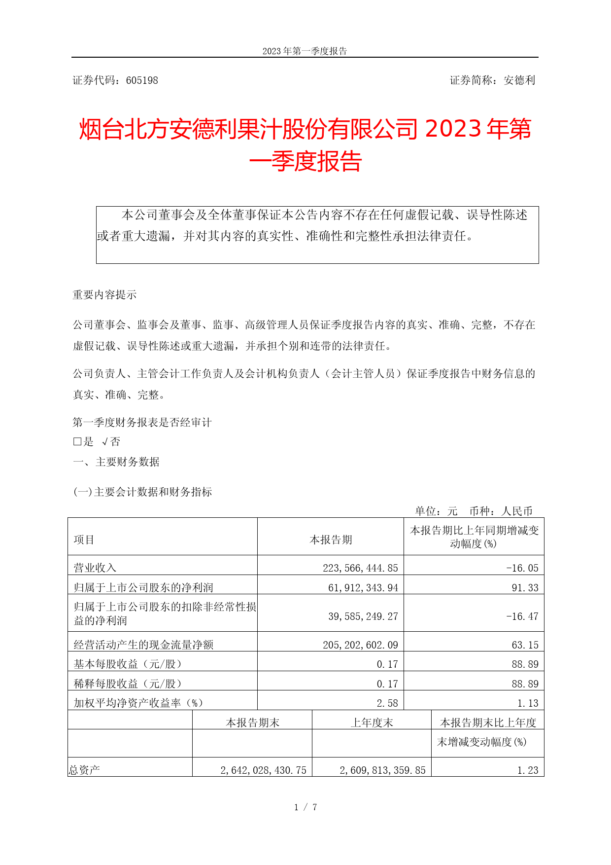 安德利：安德利：2023年第一季度报告_第1页