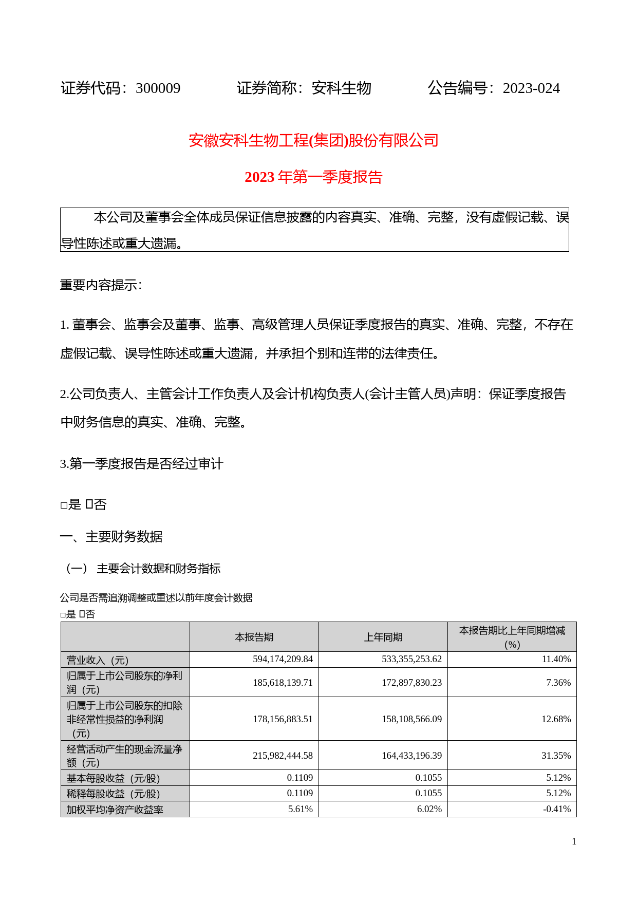 安科生物：2023年一季度报告_第1页
