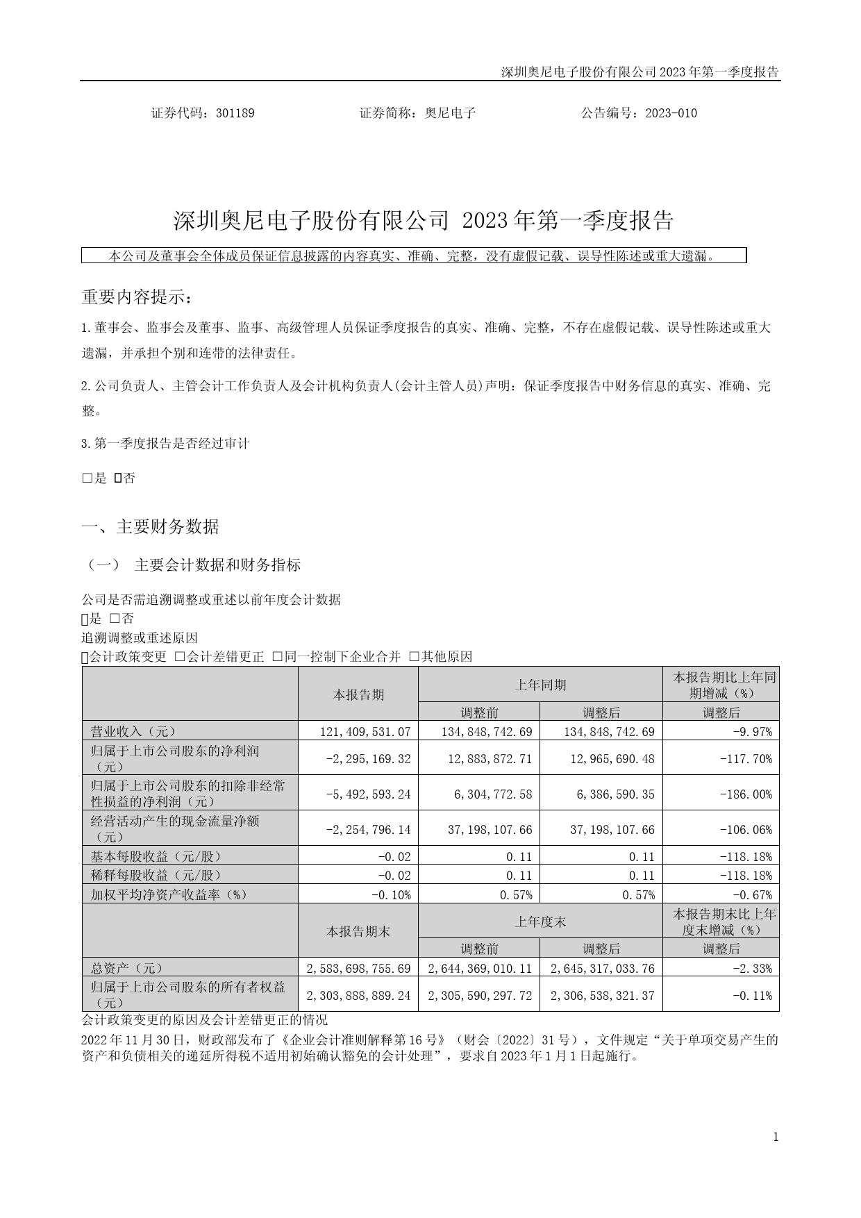 奥尼电子：2023年一季度报告_第1页