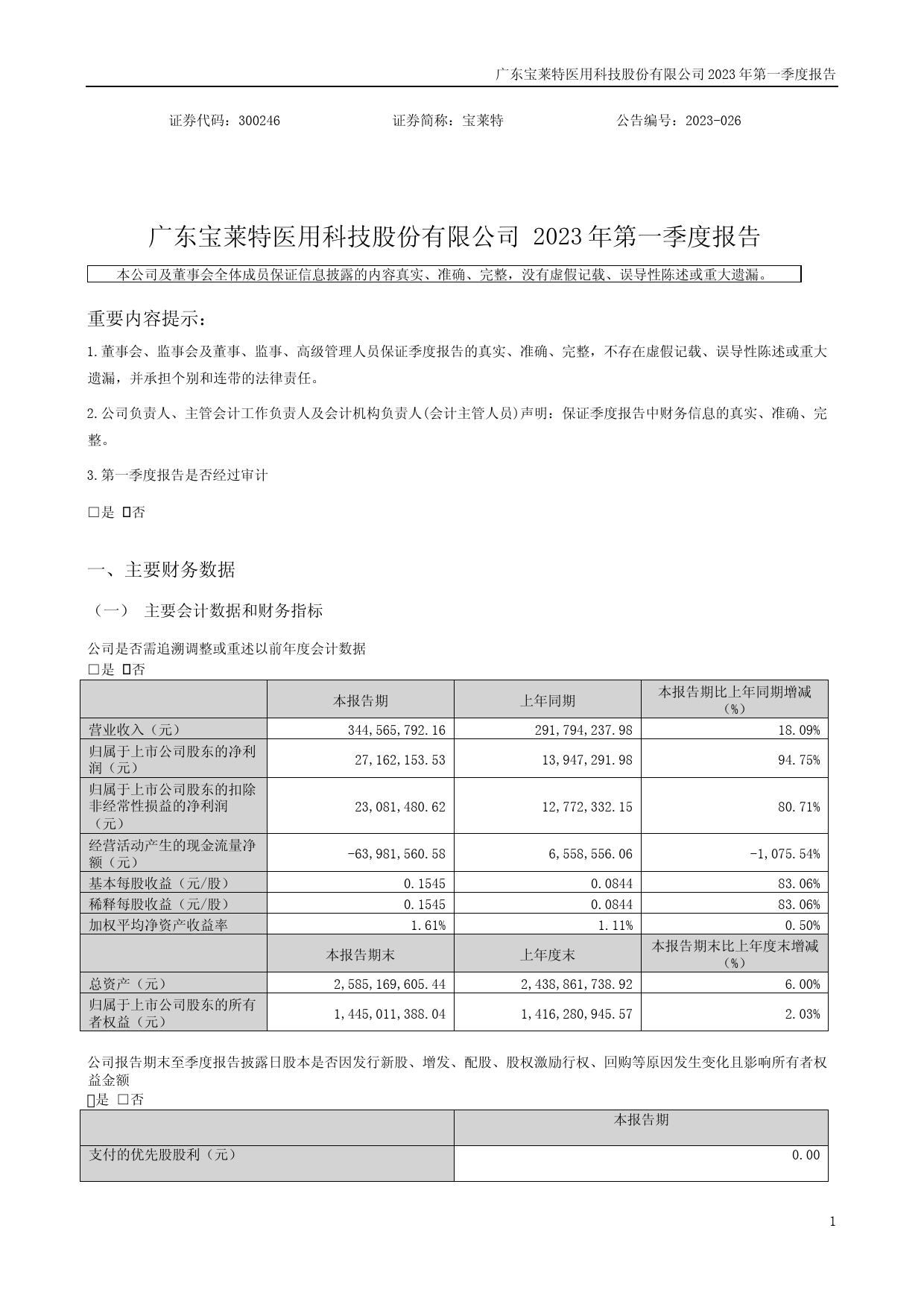 宝莱特：2023年一季度报告_第1页
