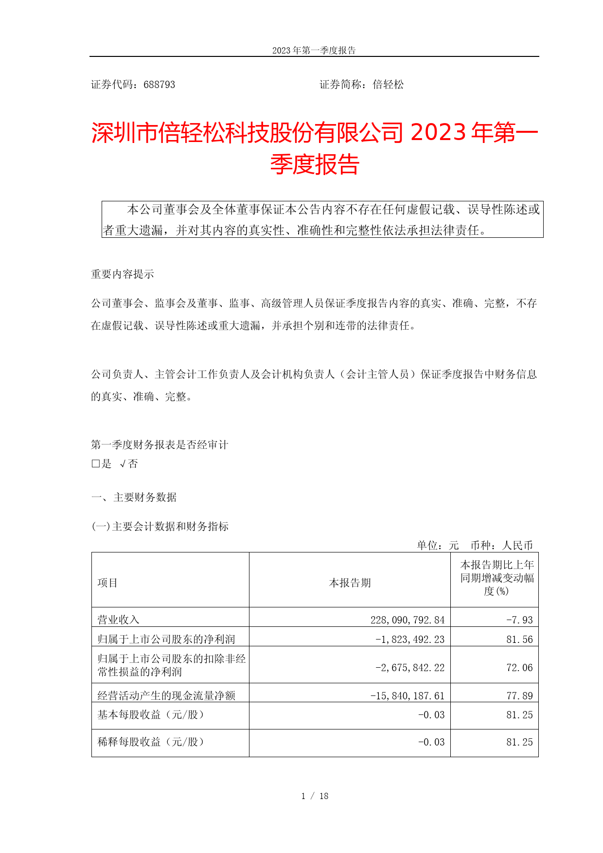 倍轻松：2023年第一季度报告_第1页