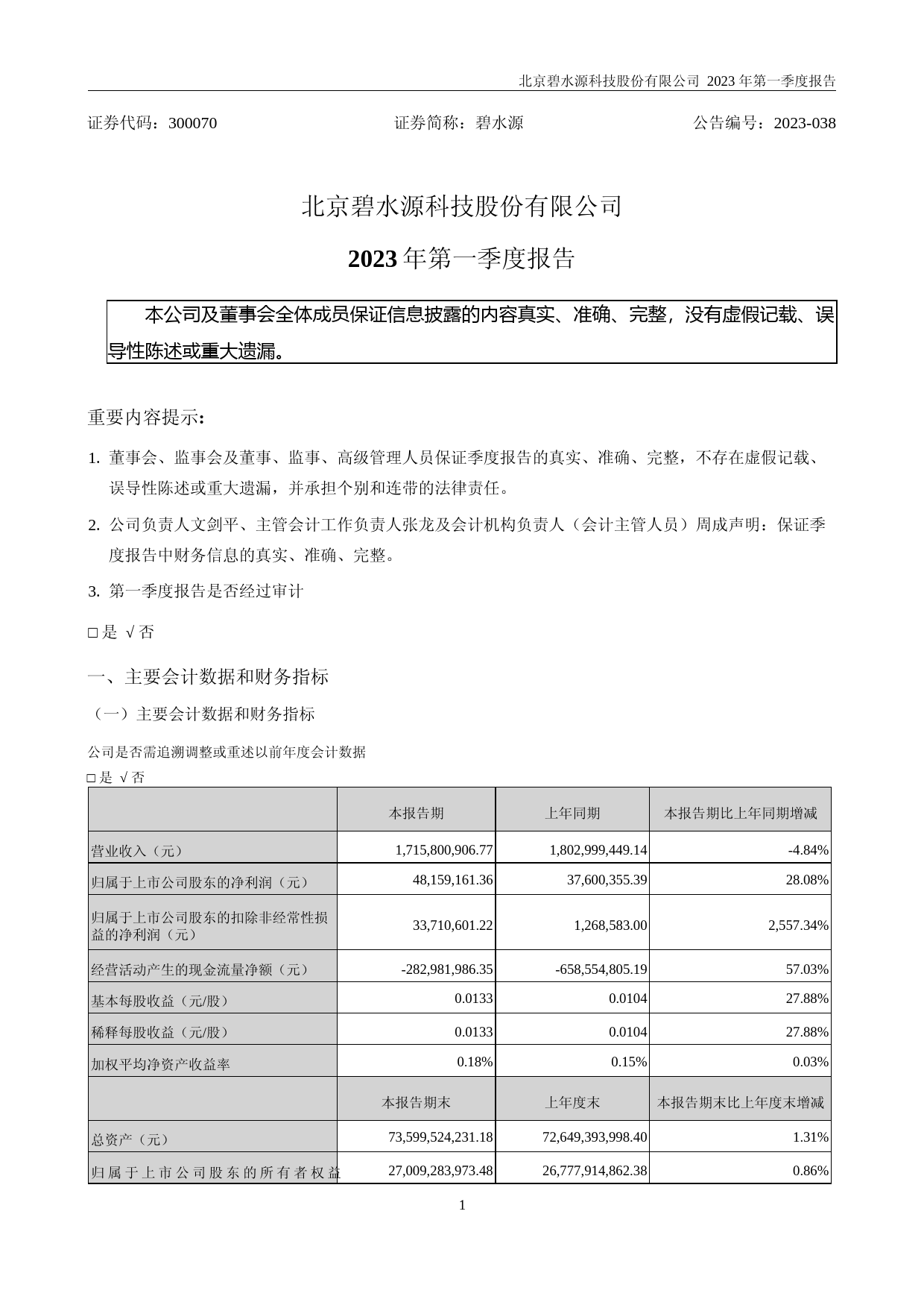 碧水源：2023年一季度报告