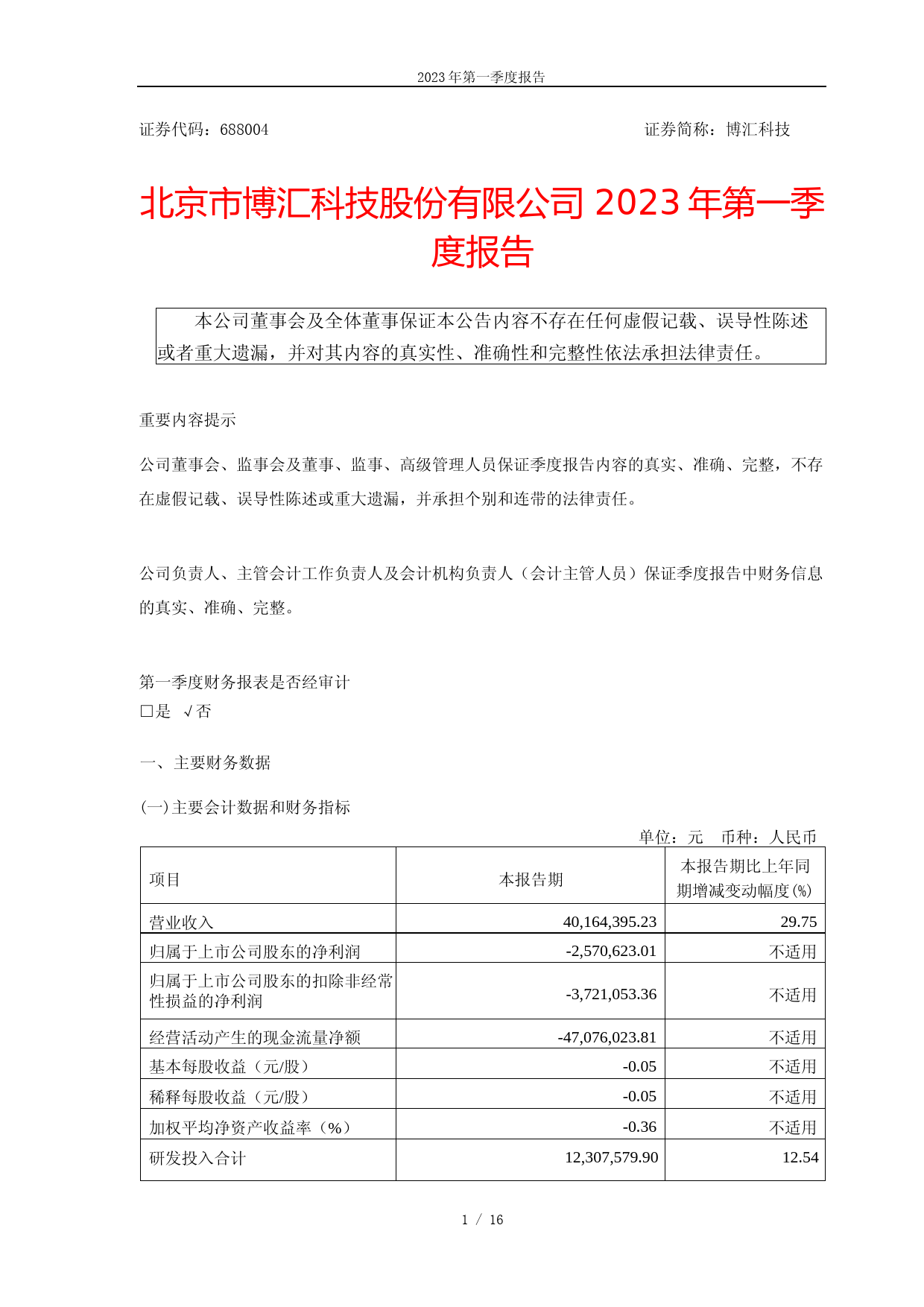 博汇科技：博汇科技2023年第一季度报告