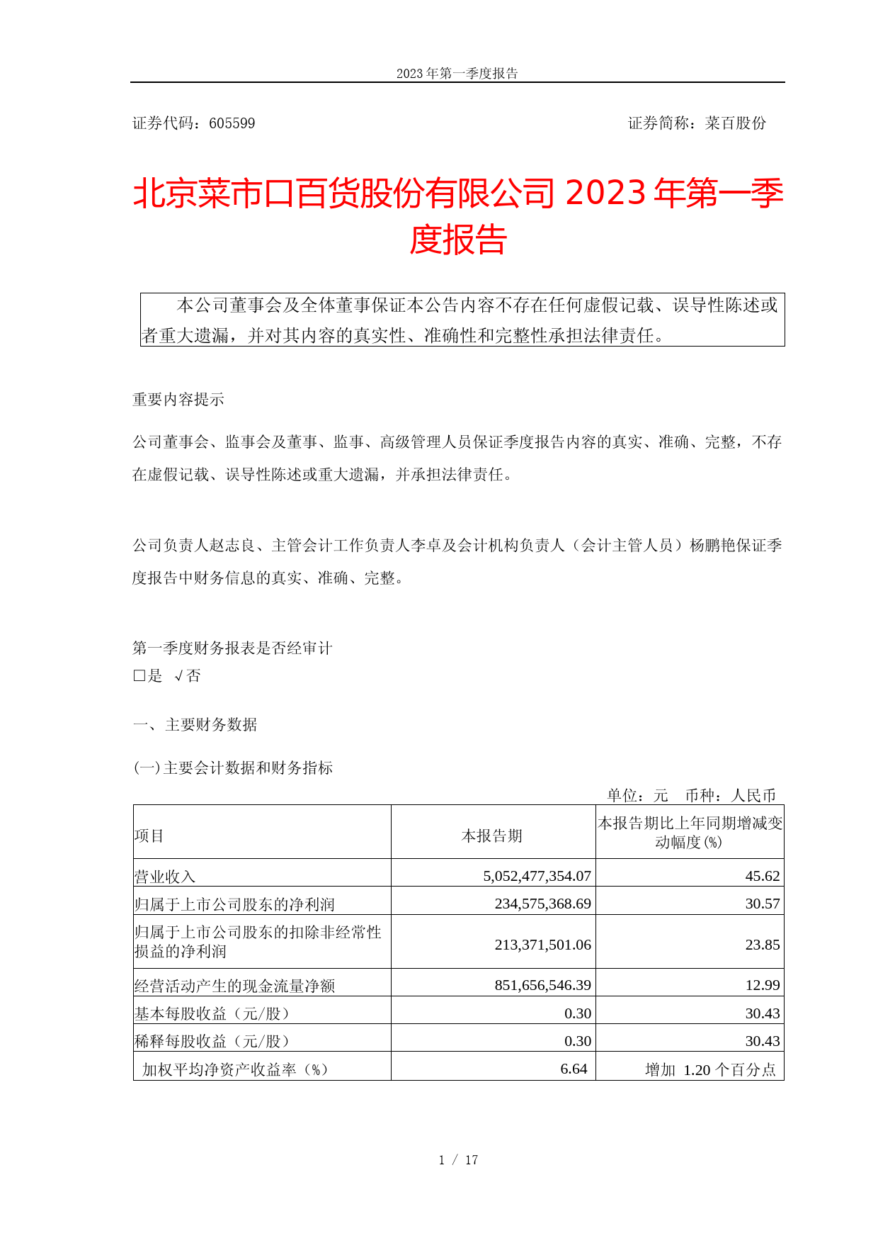 菜百股份：北京菜市口百货股份有限公司2023年第一季度报告_第1页