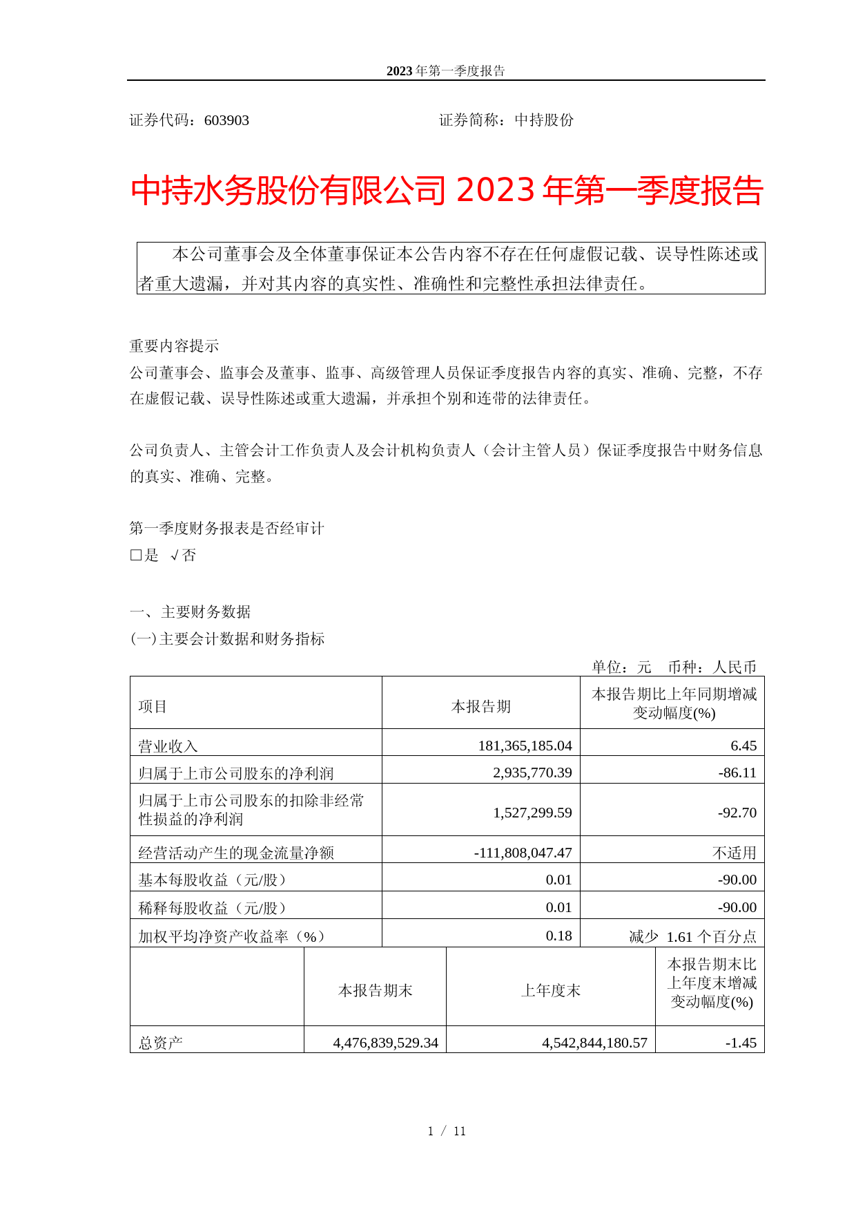 中持股份：中持水务股份有限公司2023年第一季度报告_第1页