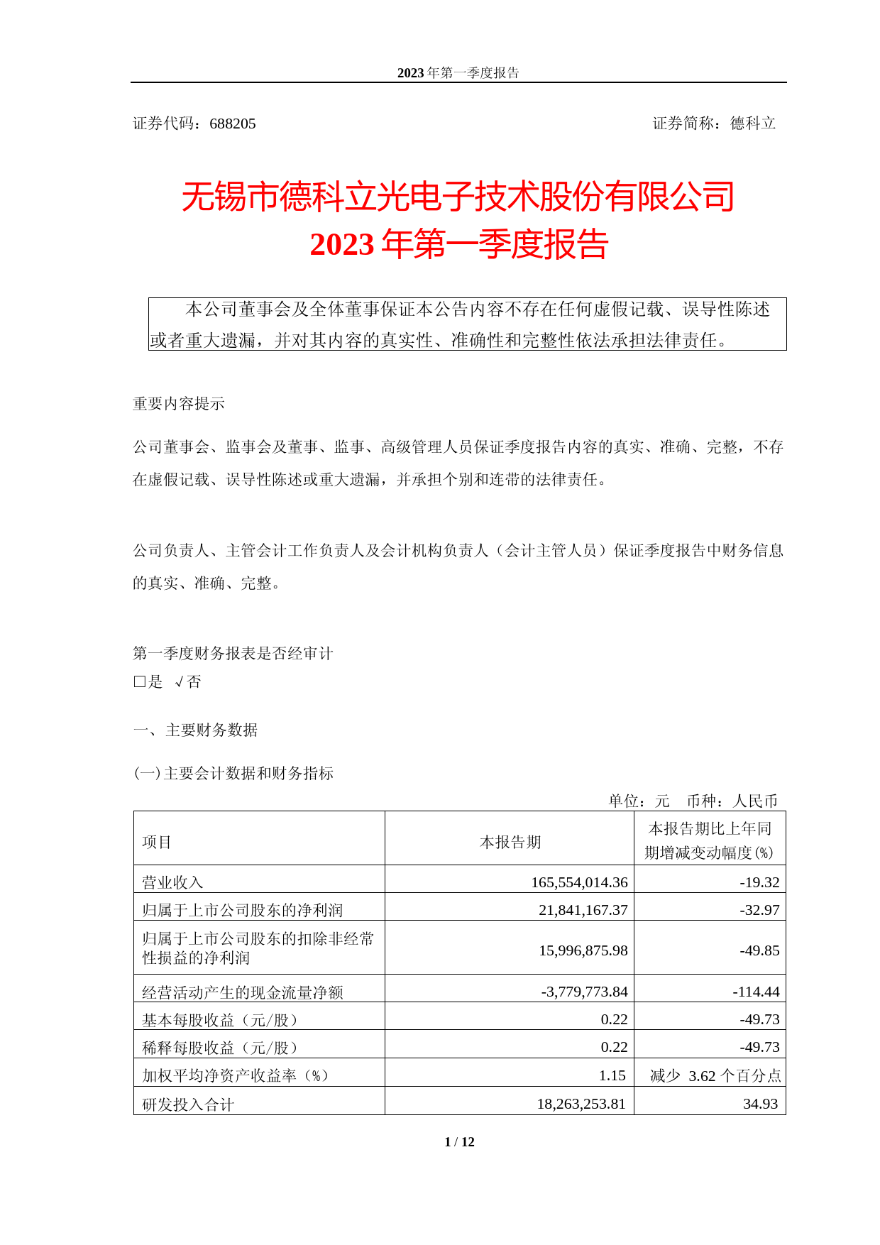 德科立：无锡市德科立光电子技术股份有限公司2023年第一季度报告_第1页