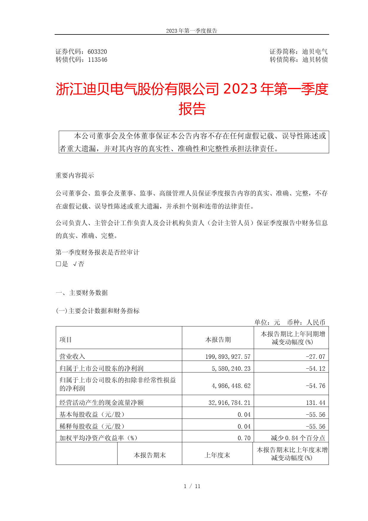 迪贝电气：2023年第一季度报告_第1页