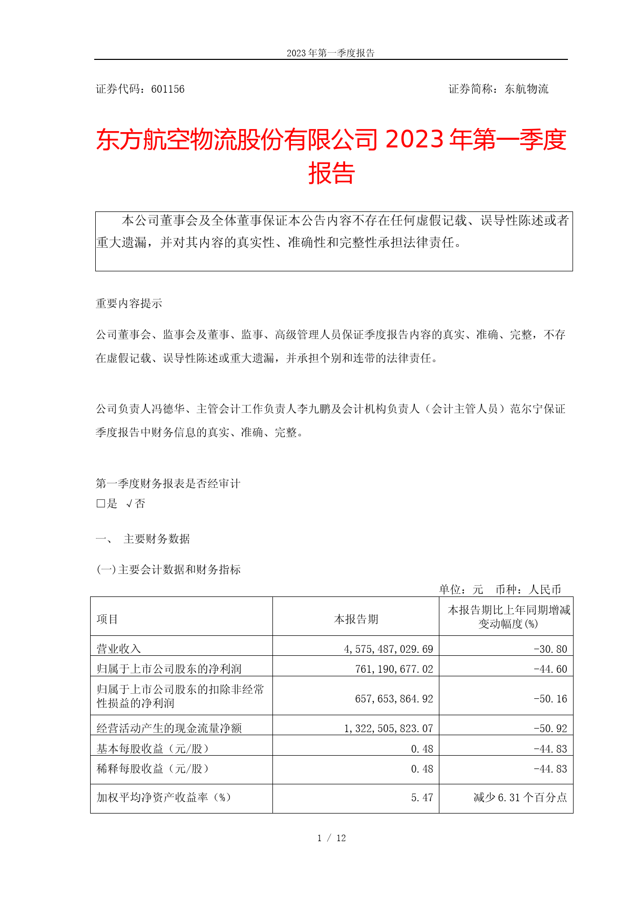 东航物流：东航物流2023年第一季度报告