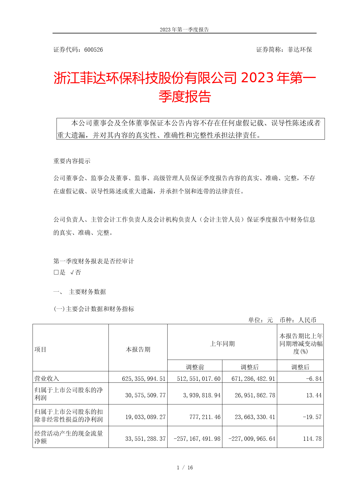 菲达环保：浙江菲达环保科技股份有限公司2023年第一季度报告_第1页