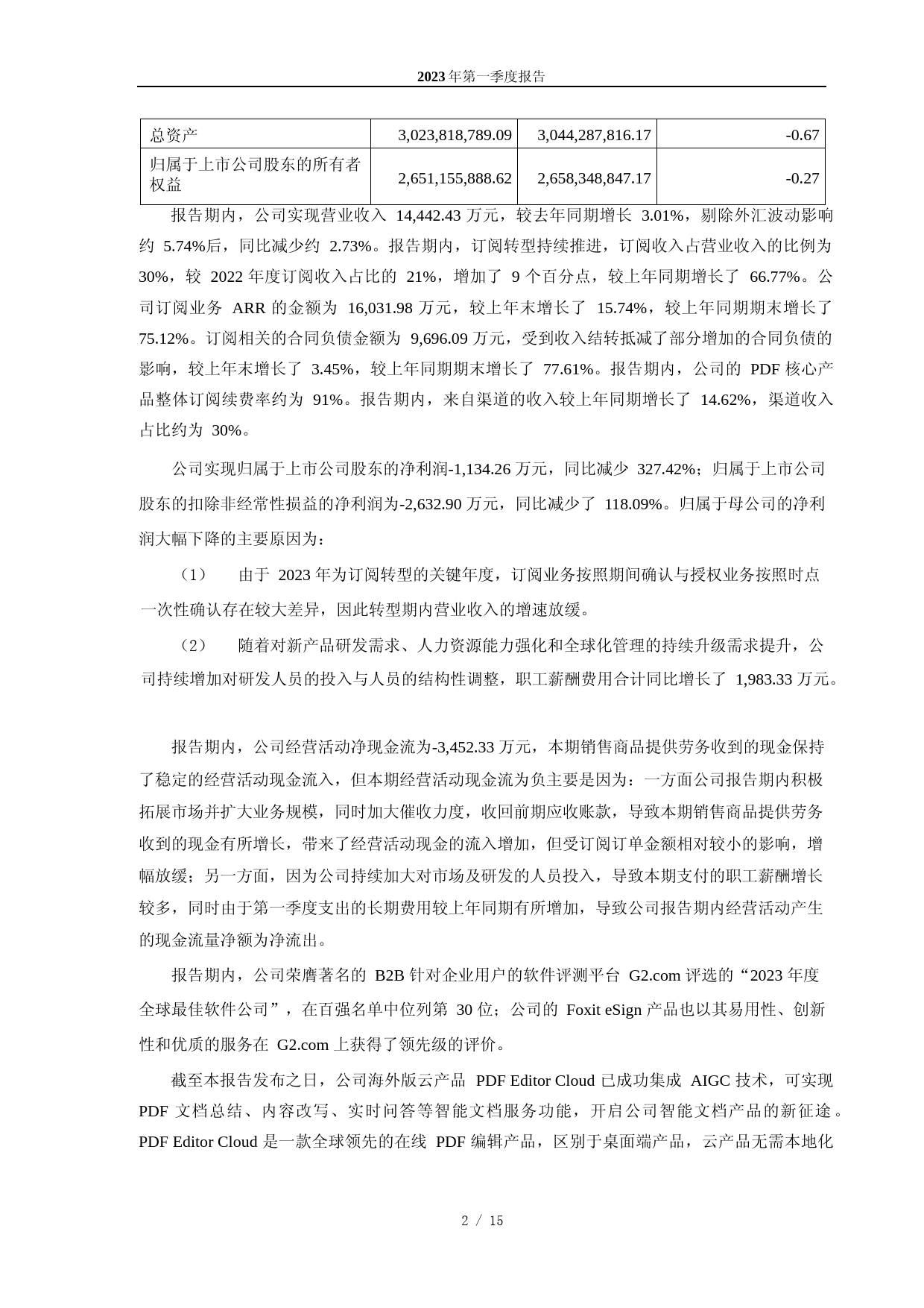 福昕软件：福建福昕软件开发股份有限公司2023年第一季度报告_第2页