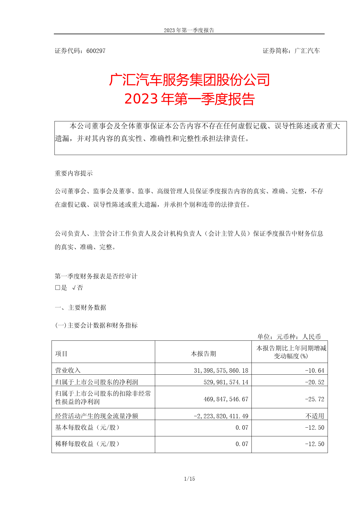 广汇汽车：广汇汽车服务集团股份公司2023年第一季度报告_第1页