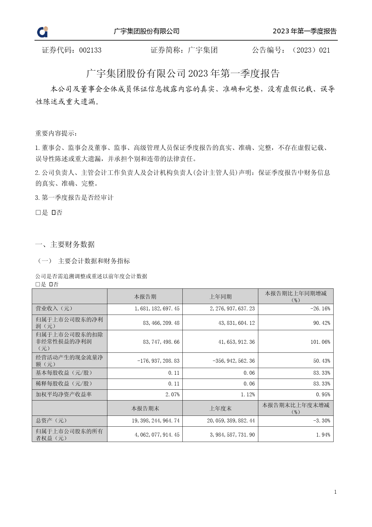 广宇集团：2023年一季度报告_第1页