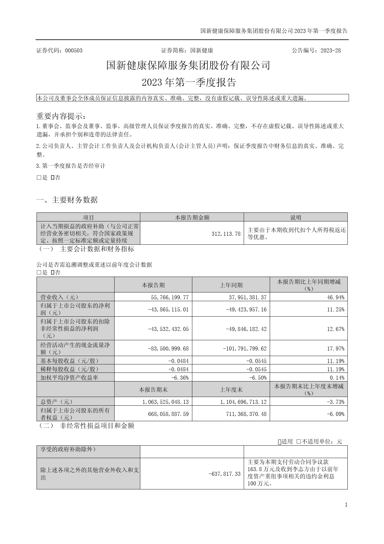 国新健康：2023年一季度报告