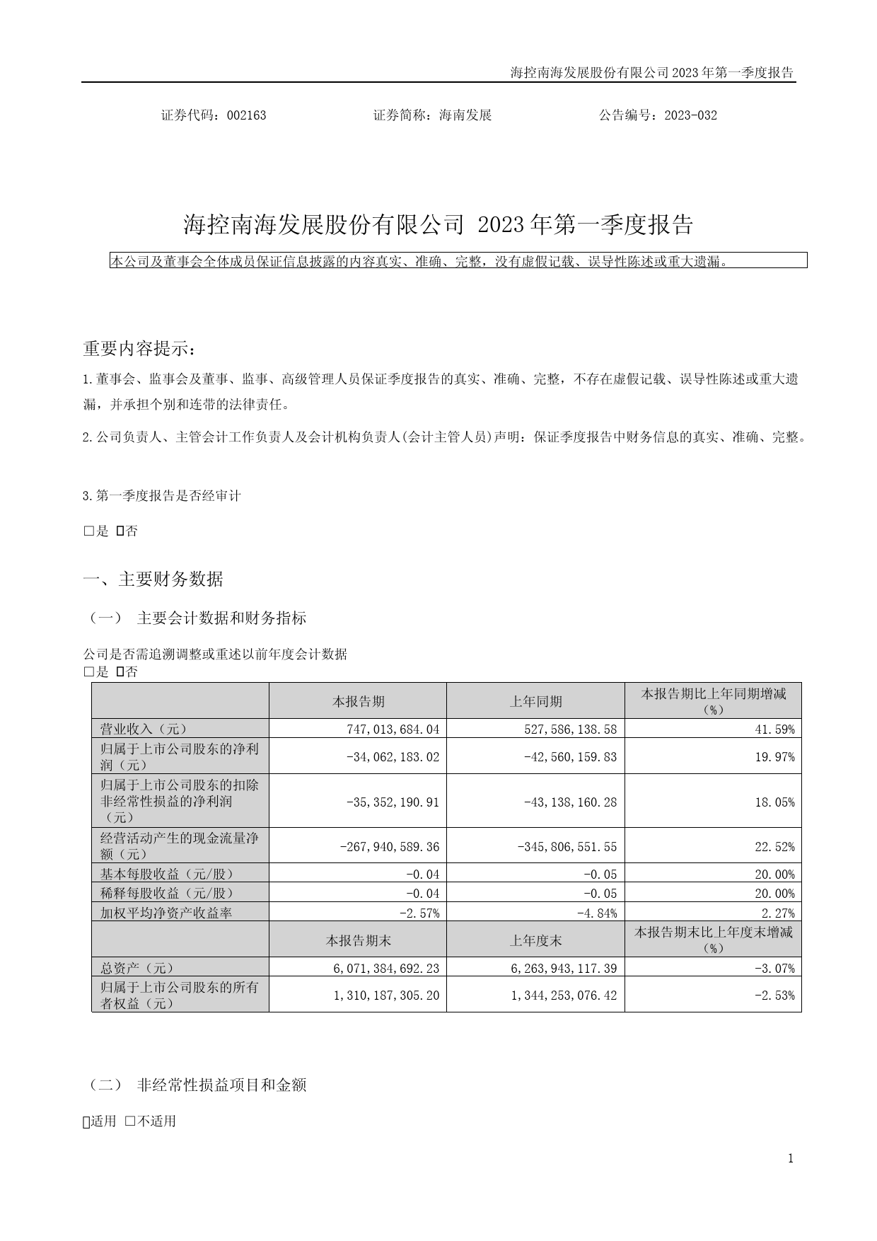 海南发展：2023年一季度报告_第1页