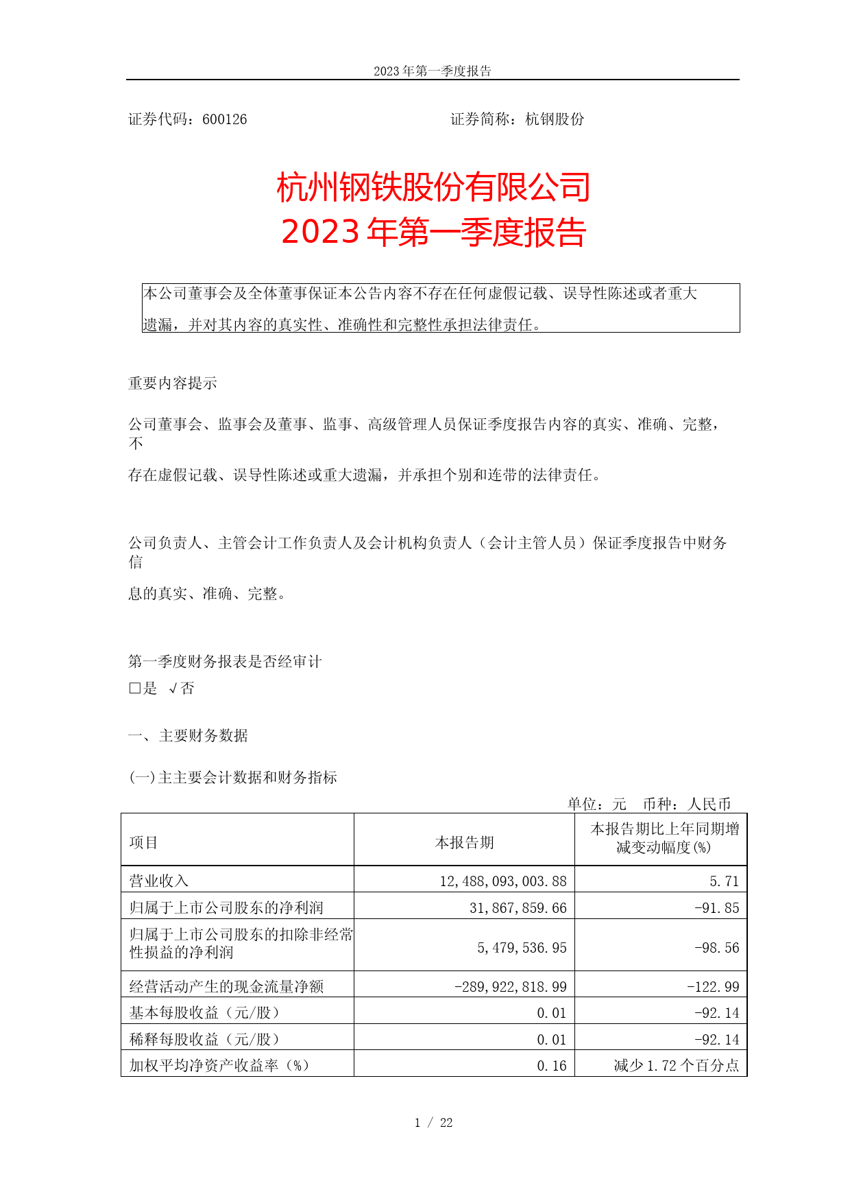 杭钢股份：杭州钢铁股份有限公司2023年第一季度报告
