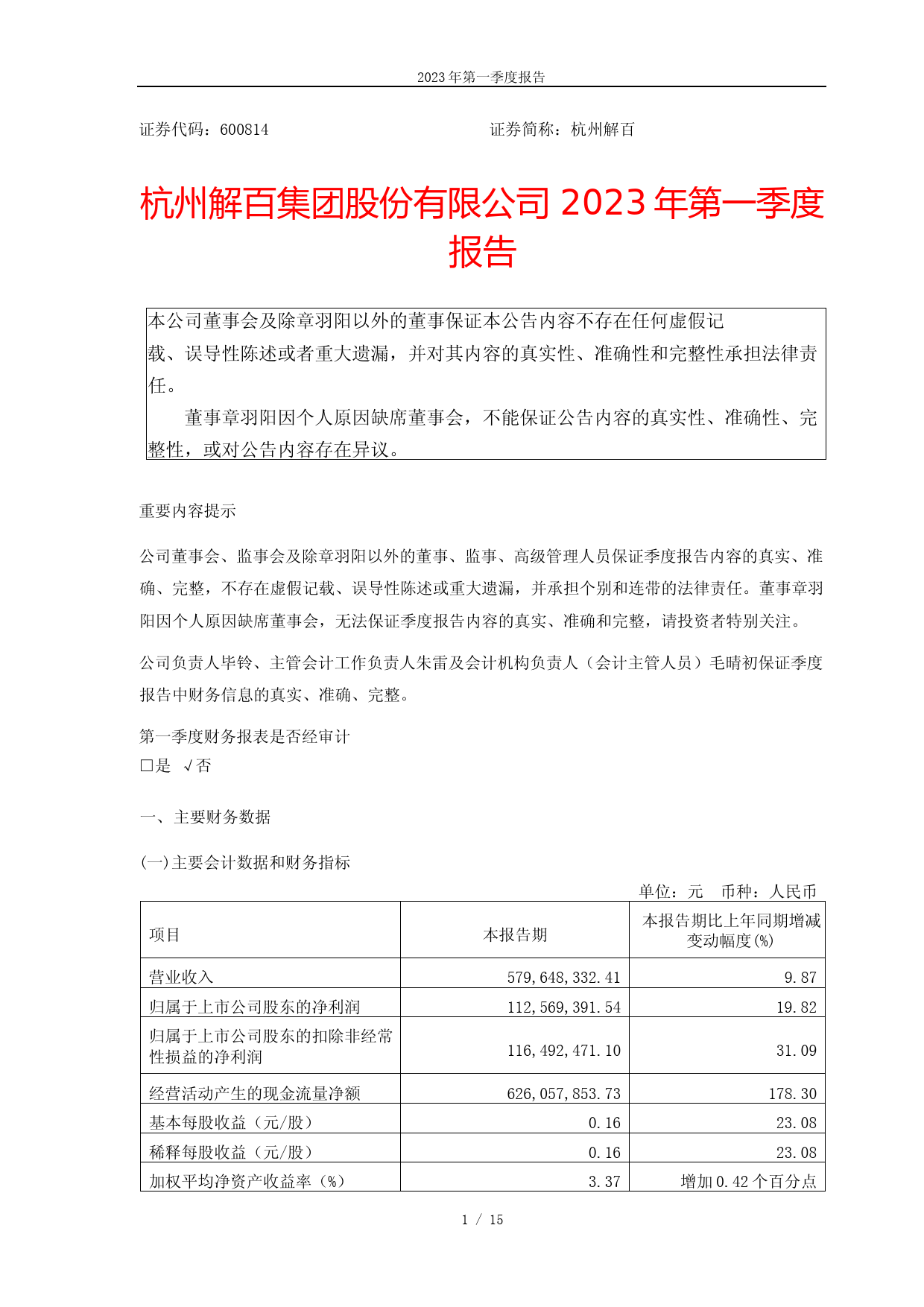 杭州解百：杭州解百集团股份有限公司2023年第一季度报告