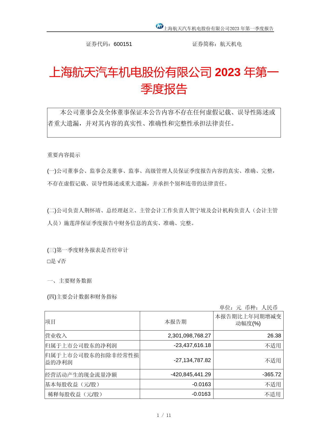 航天机电：2023年第一季度报告_第1页