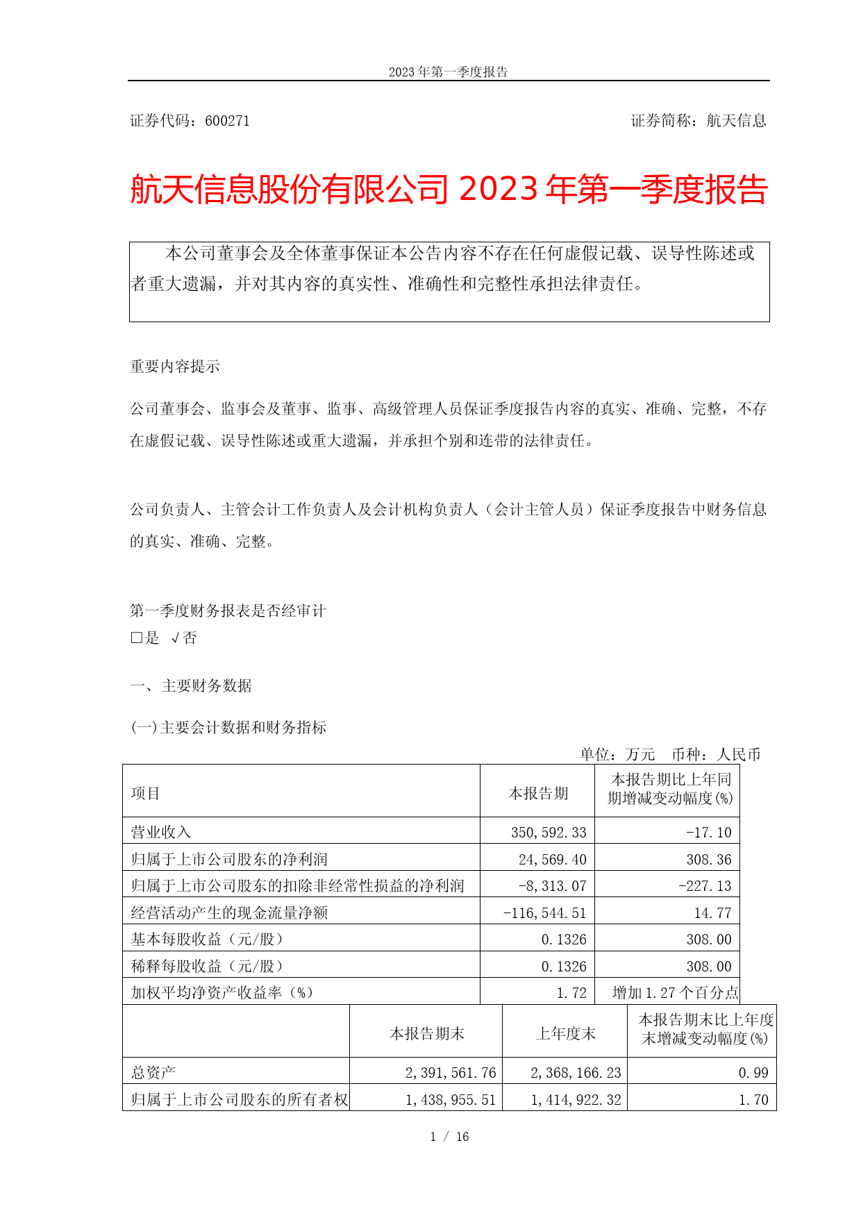 航天信息：航天信息股份有限公司2023年第一季度报告