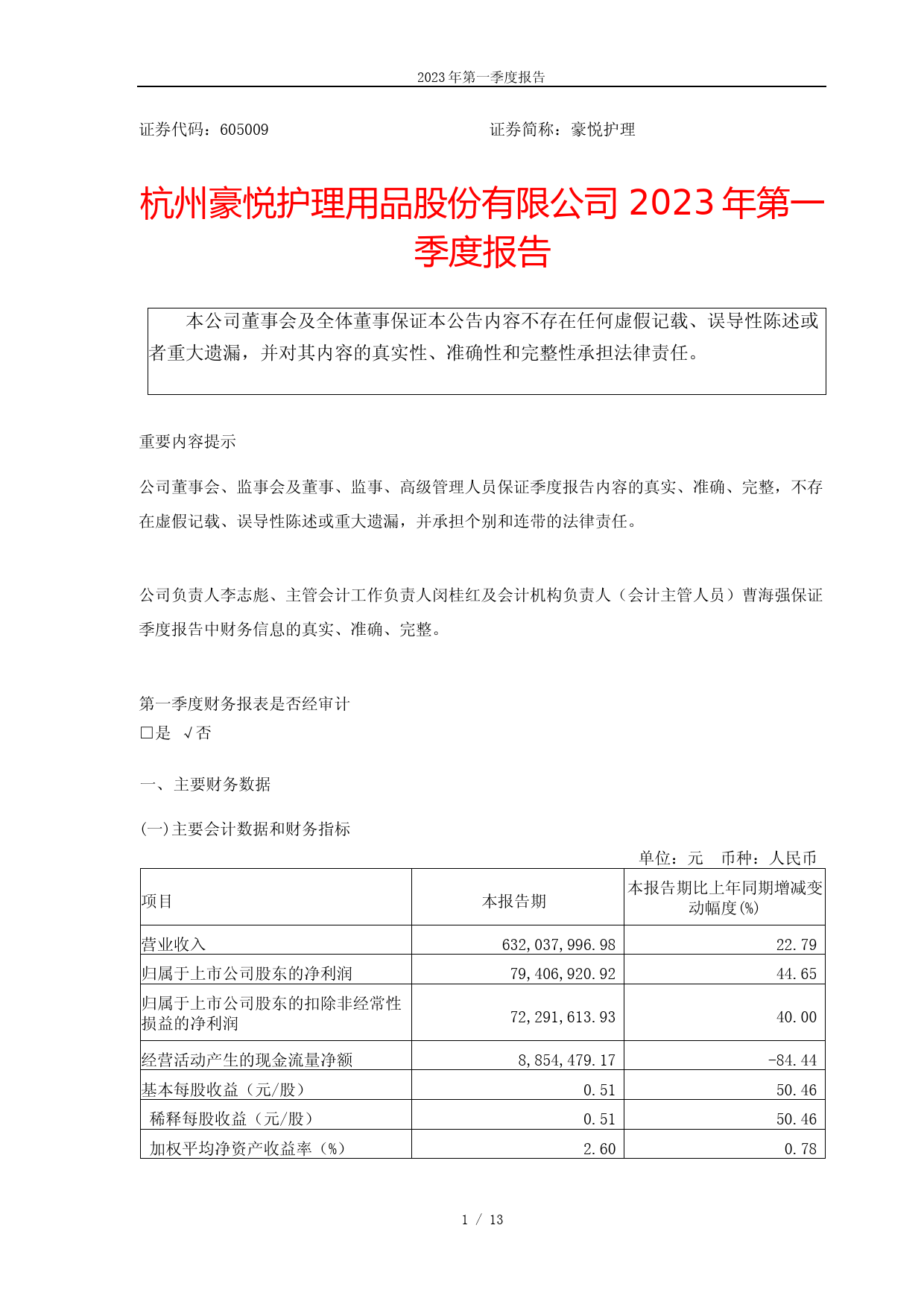豪悦护理：杭州豪悦护理用品股份有限公司2023年一季度报告
