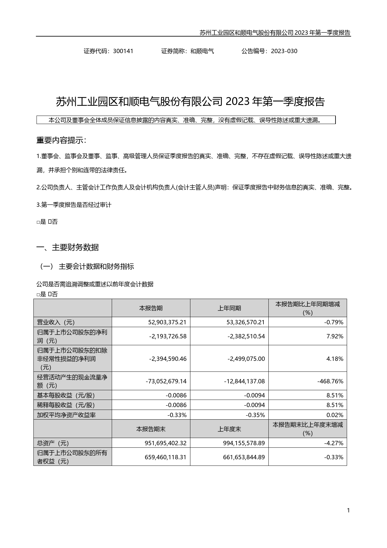 和顺电气：2023年一季度报告