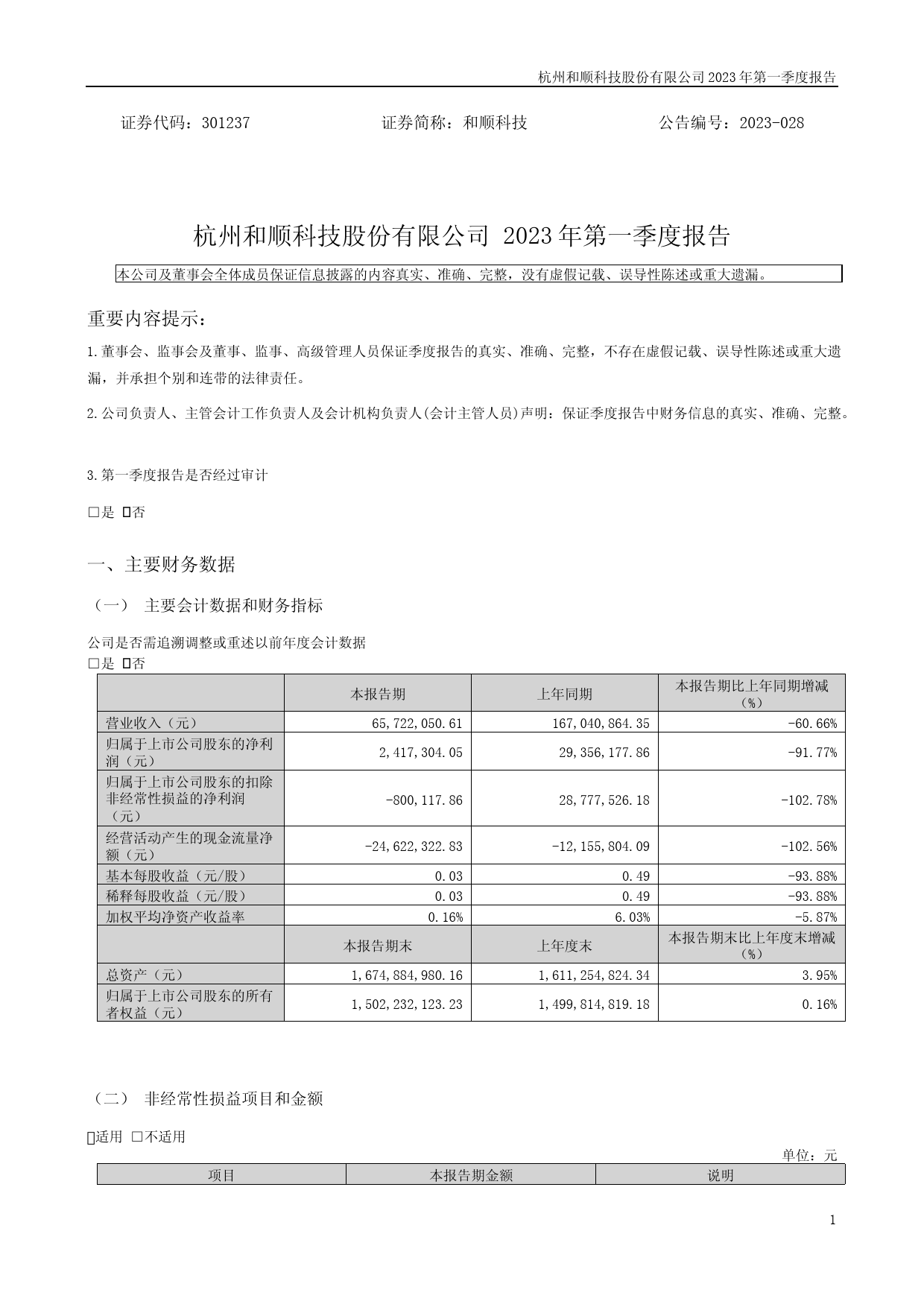 和顺科技：2023年一季度报告