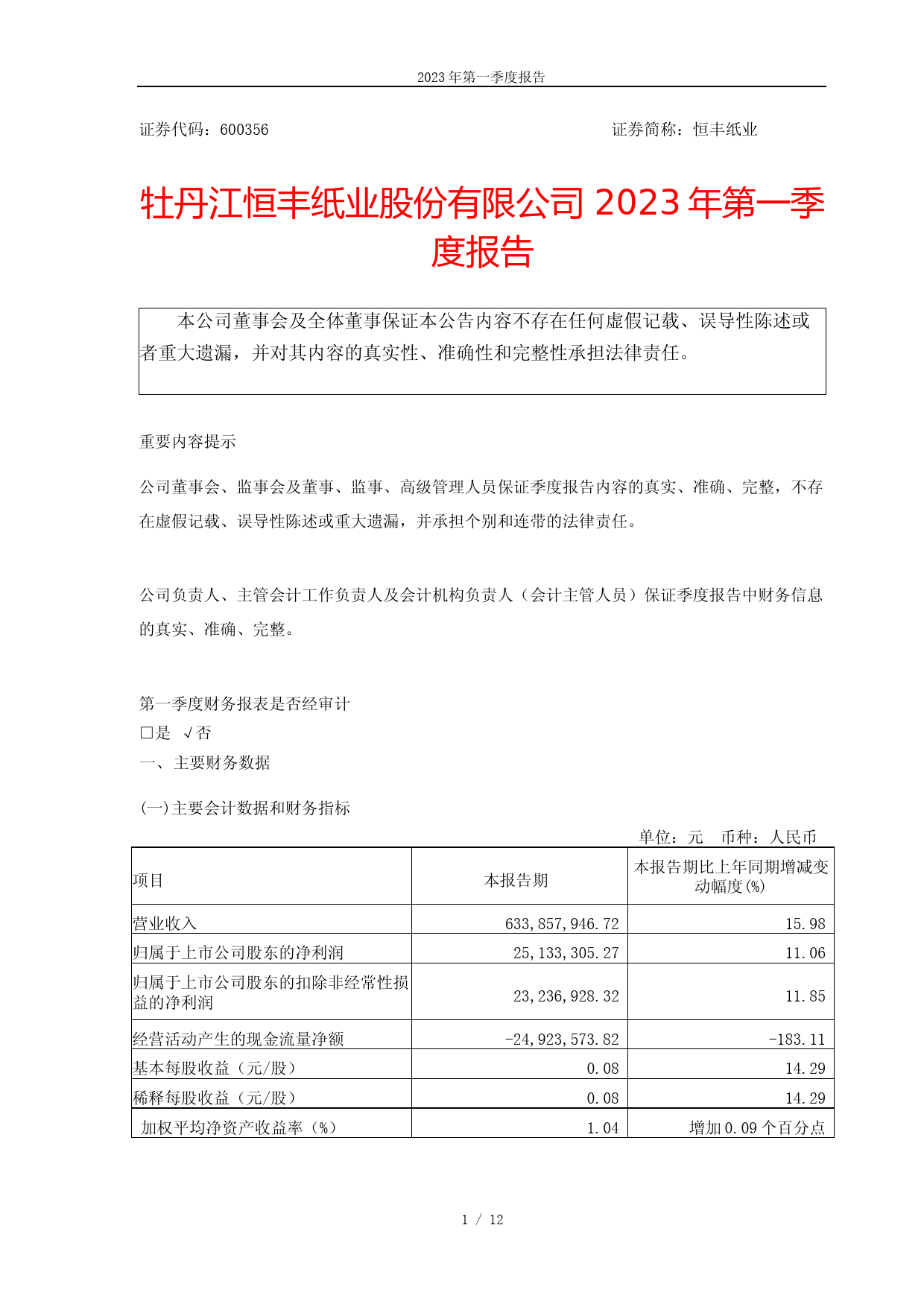 恒丰纸业：恒丰纸业2023年一季度报告_第1页