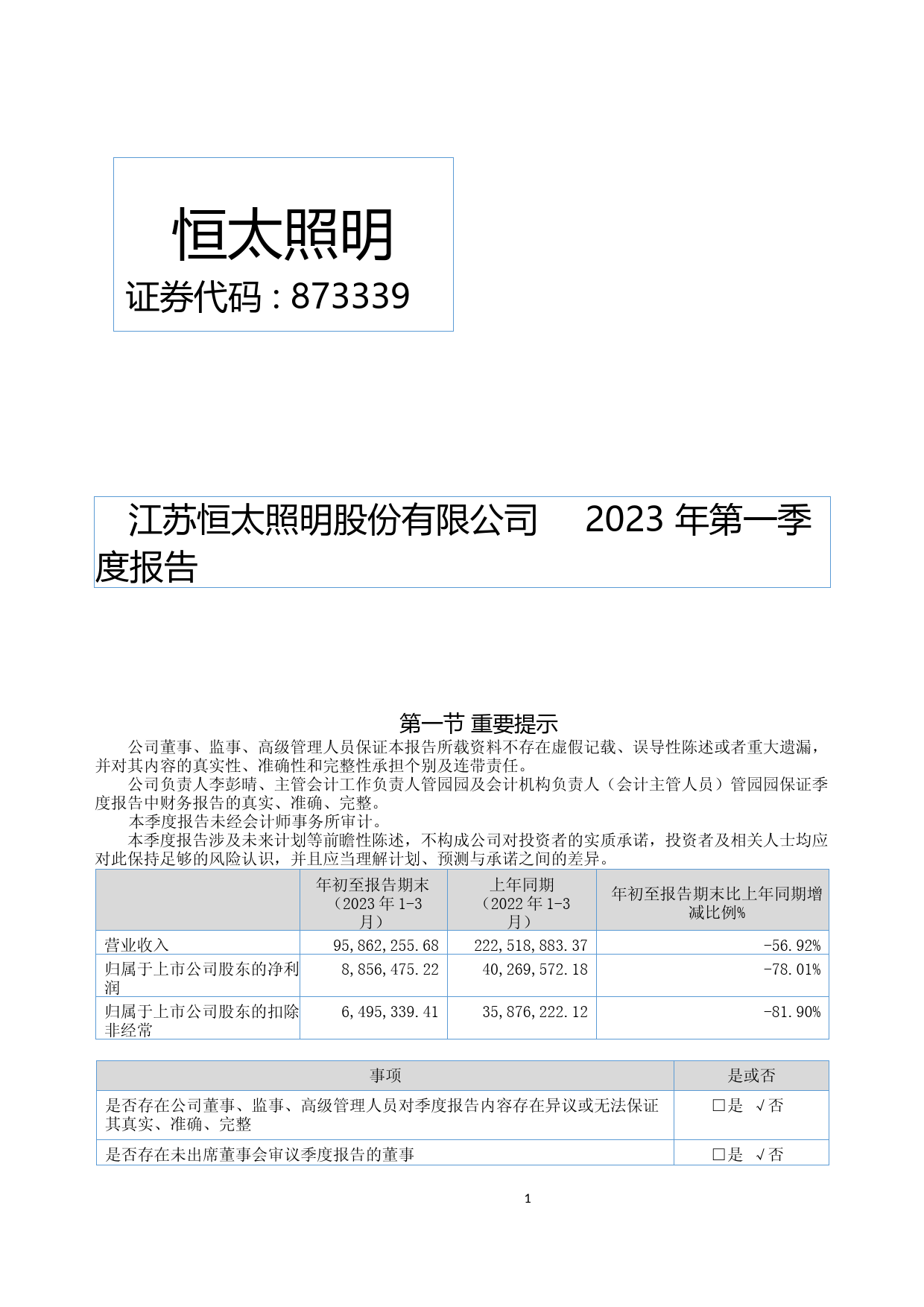 恒太照明：2023年一季度报告