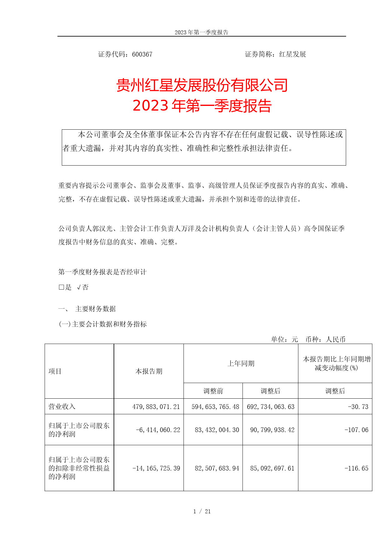 红星发展：红星发展2023年一季度报告_第1页
