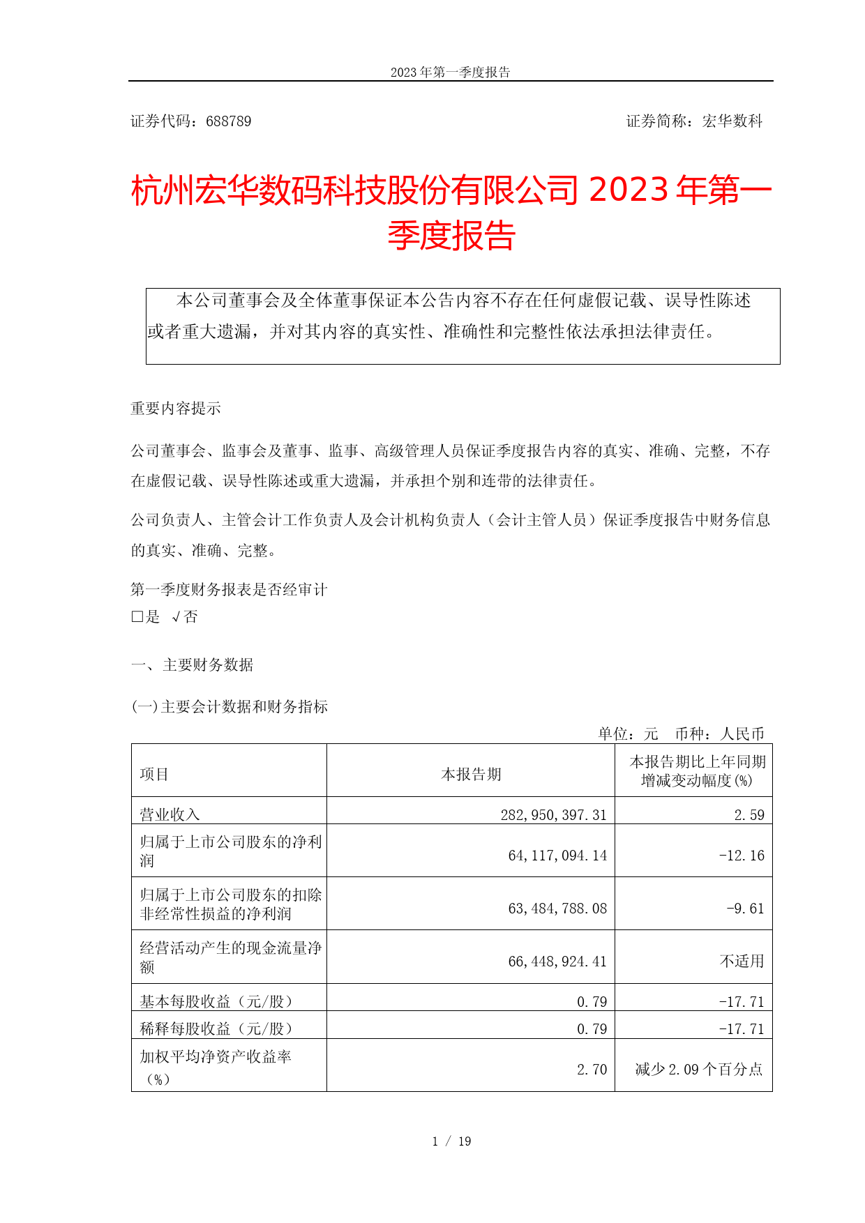 宏华数科：杭州宏华数码科技股份有限公司2023年第一季度报告