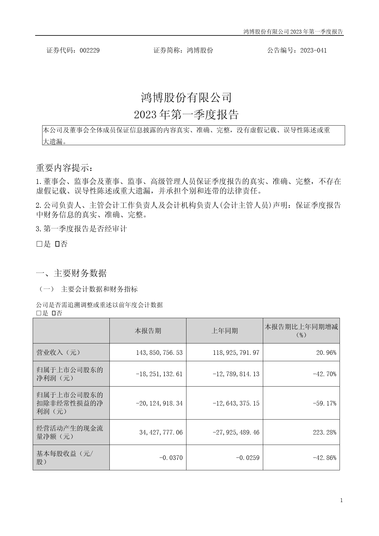 鸿博股份：2023年一季度报告_第1页