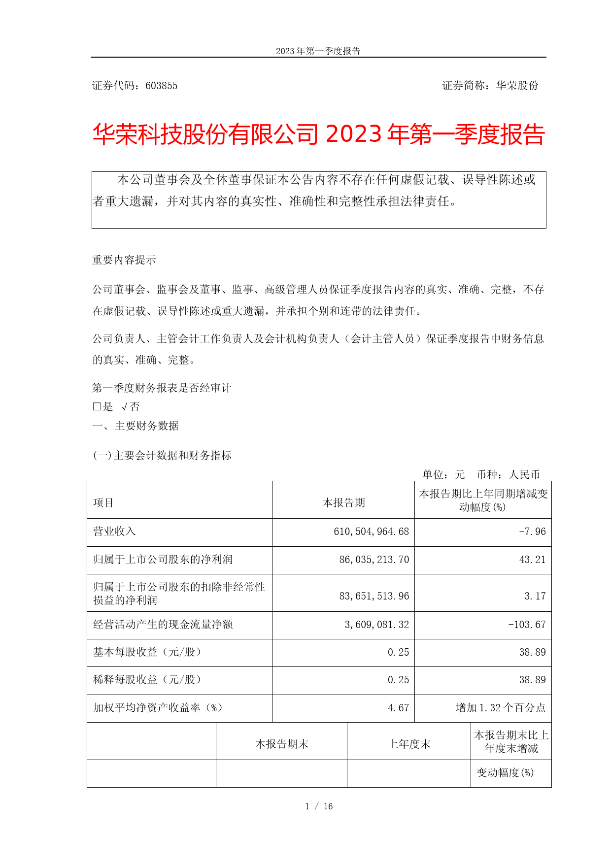 华荣股份：2023年第一季度报告_第1页