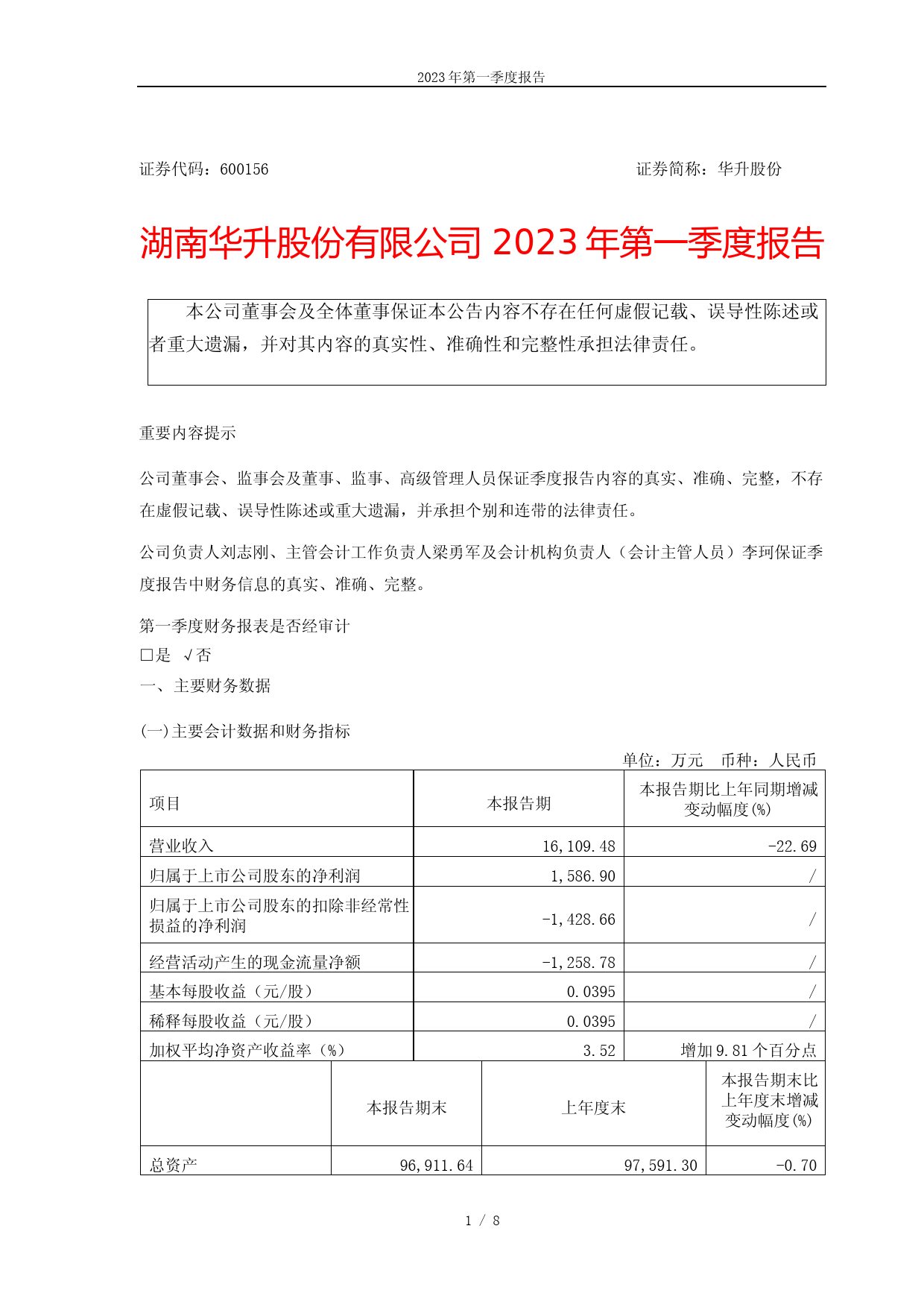 华升股份：华升股份2023年第一季度报告_第1页