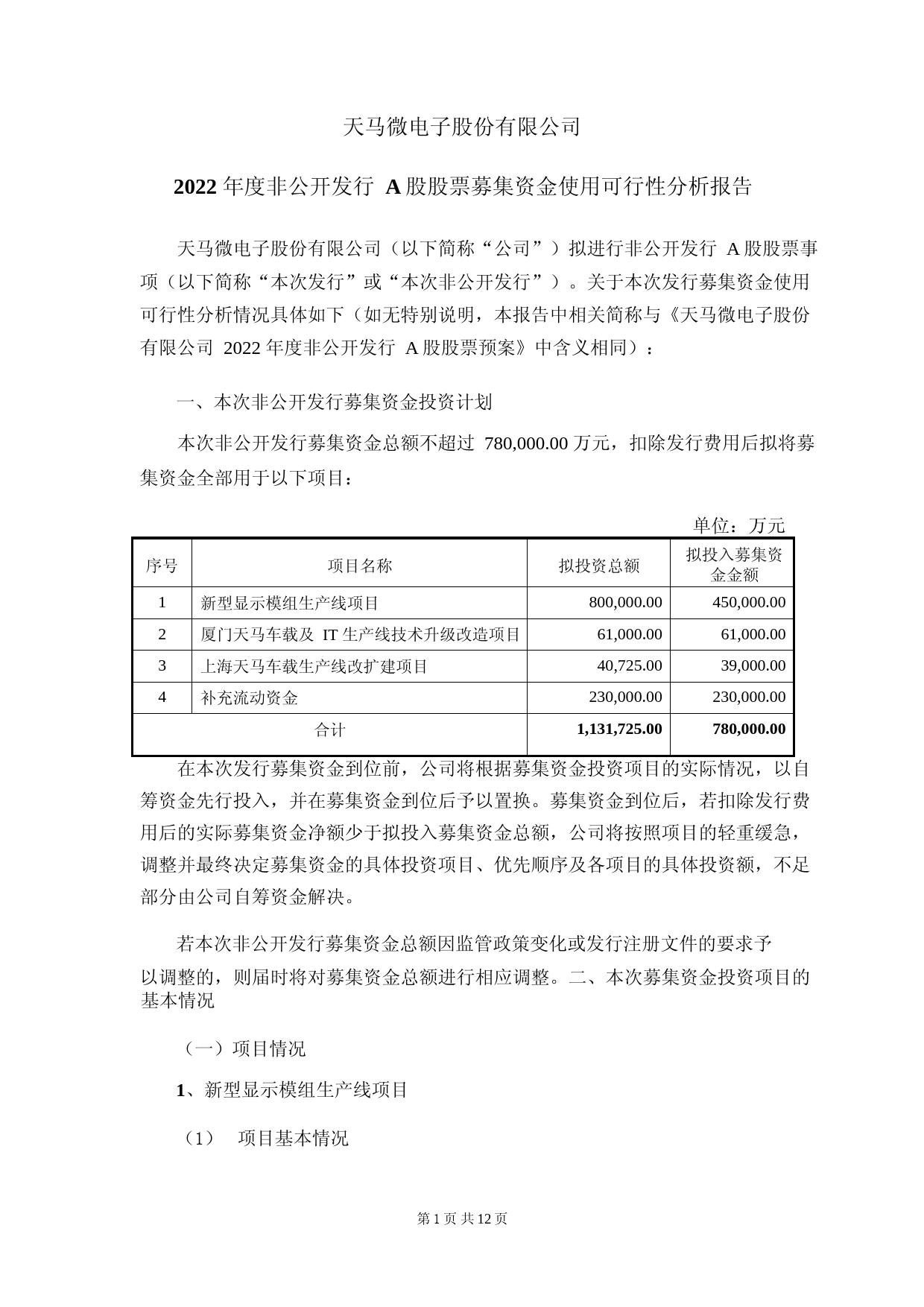 深天马Ａ：2022年度非公开发行A股股票募集资金使用可行性分析报告_第1页