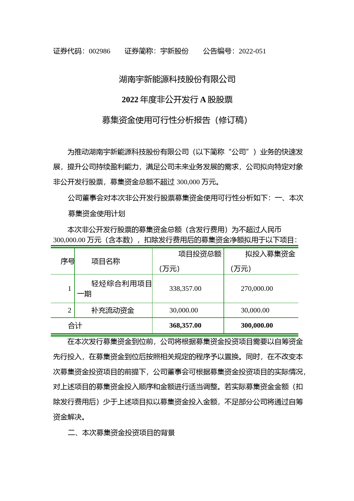 宇新股份：2022年度非公开发行A股股票募集资金使用可行性分析报告（修订稿）_第1页